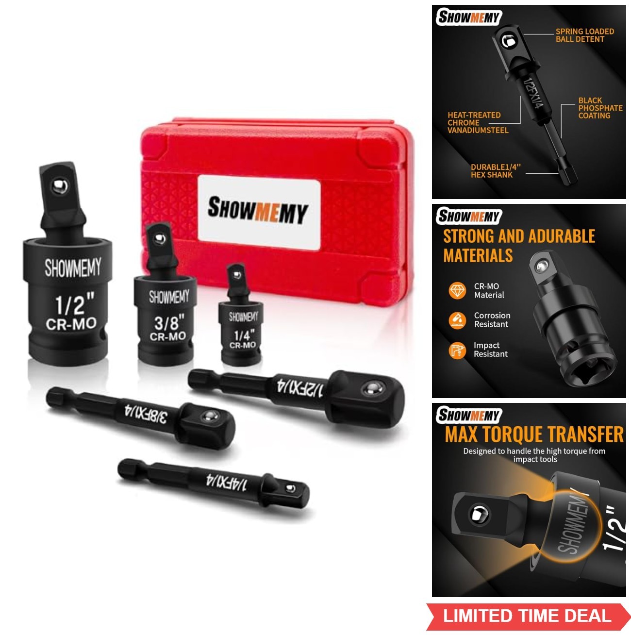 Impact Swivel Socket Set 6 Piece Cr-Mo Steel 14 38 12 Drive Universal Joint