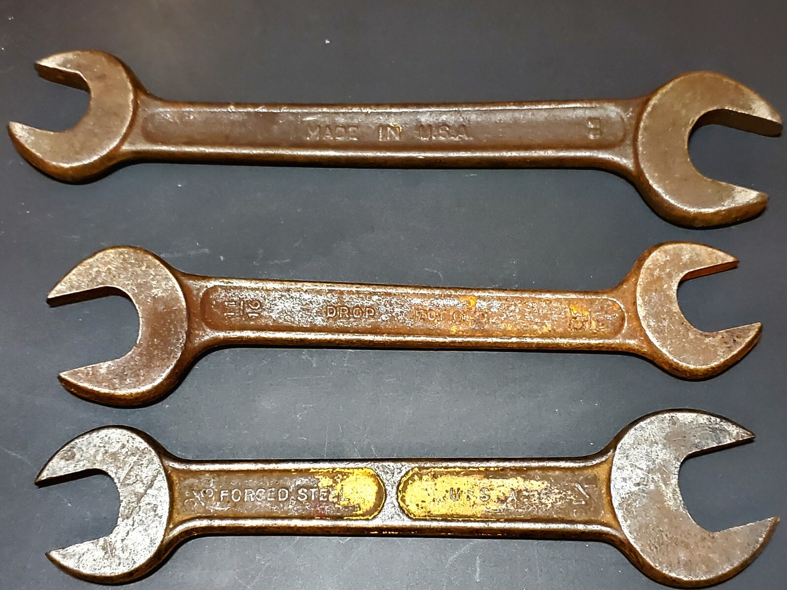 Vintage 20s-50s Open End Asst’d Wrenches Set of 8 Made in the USA Forged Steel