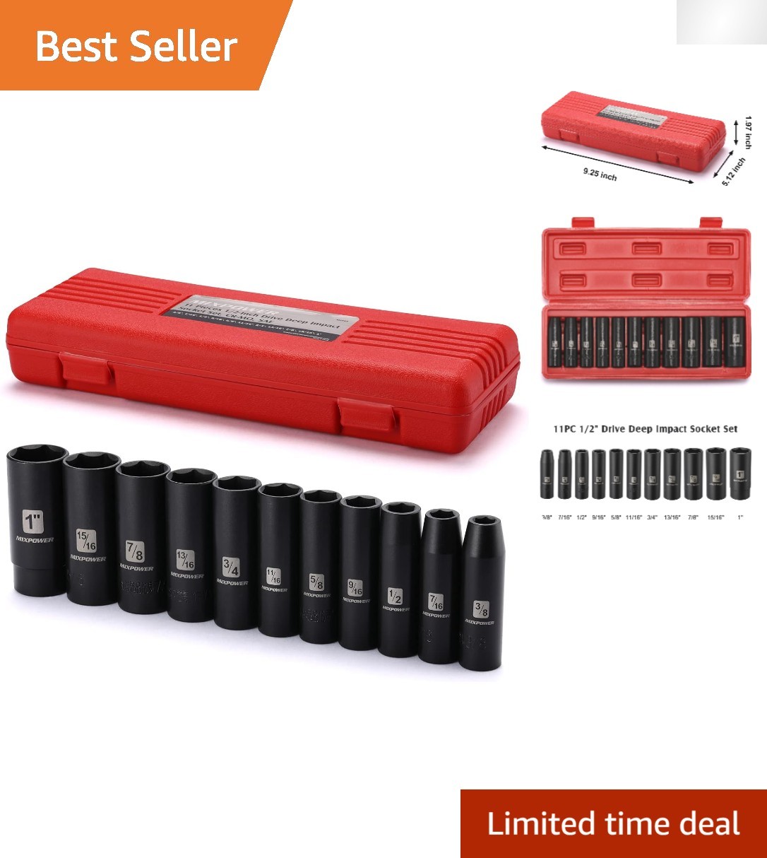 Professional Grade 11-Piece 1/2-Inch Drive Impact Socket Set – ANSI Certified