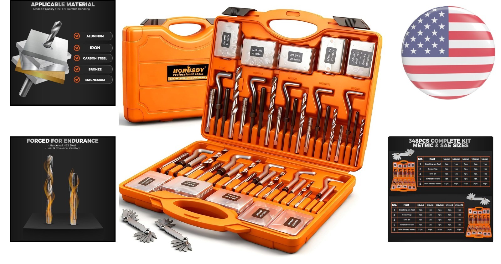Portable 348-Piece Thread Repair Kit with Organized Carrying Case for Mechanics