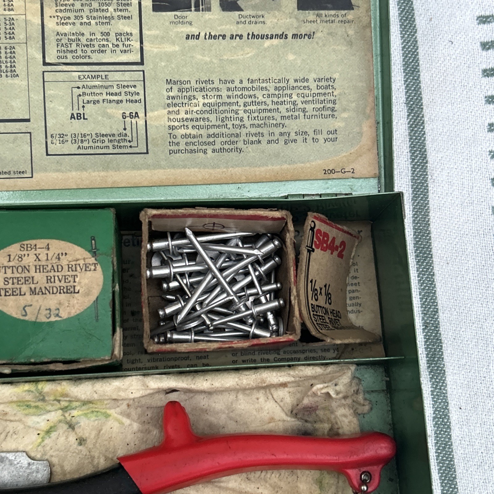 Marson Rivet Tool HP-2 No 200 Kit Riveter Klik-Fast Metal Box Rivets Instruction