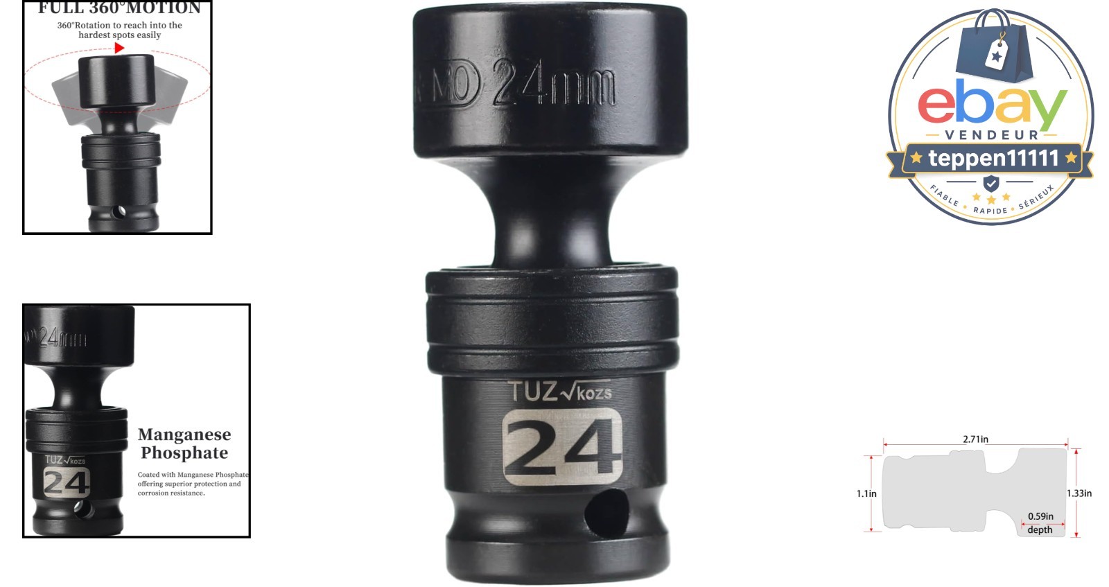 1/2″ Drive Swivel Socket 24mm Universal Joint Chrome Molybdenum Steel