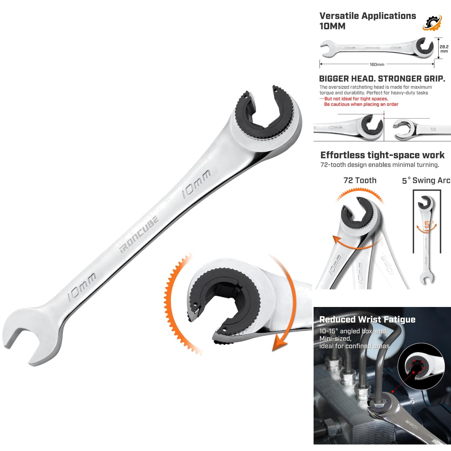 10mm Metric Ratcheting Brake Line Wrench Open End Flare Nut Fuel AC Tubing Tool
