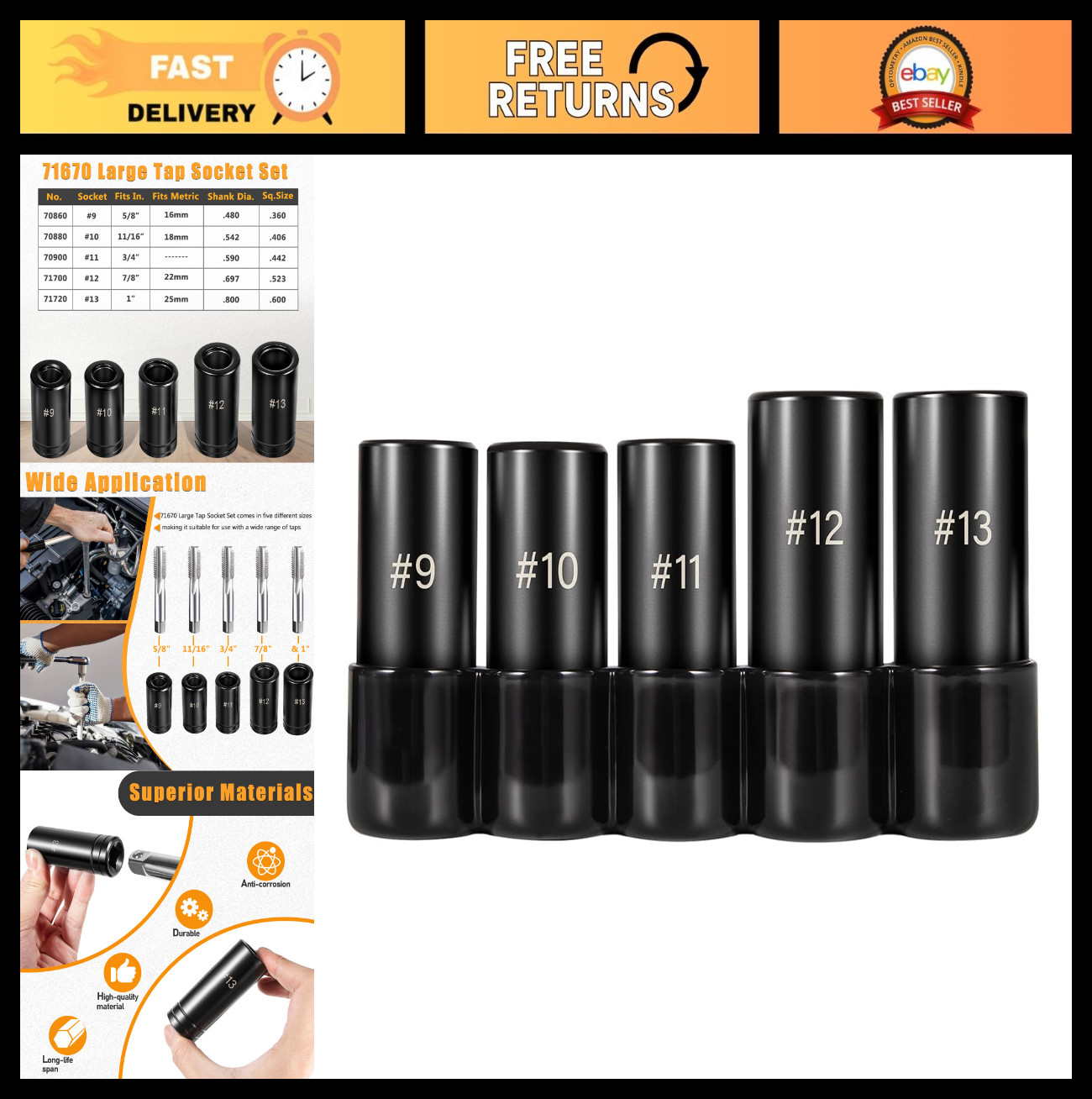 Large Tap Socket Set 5pcs – Fits 5/8″, 11/16″, 3/4″, 7/8″, 1″ – 1/2″ Drive Tools