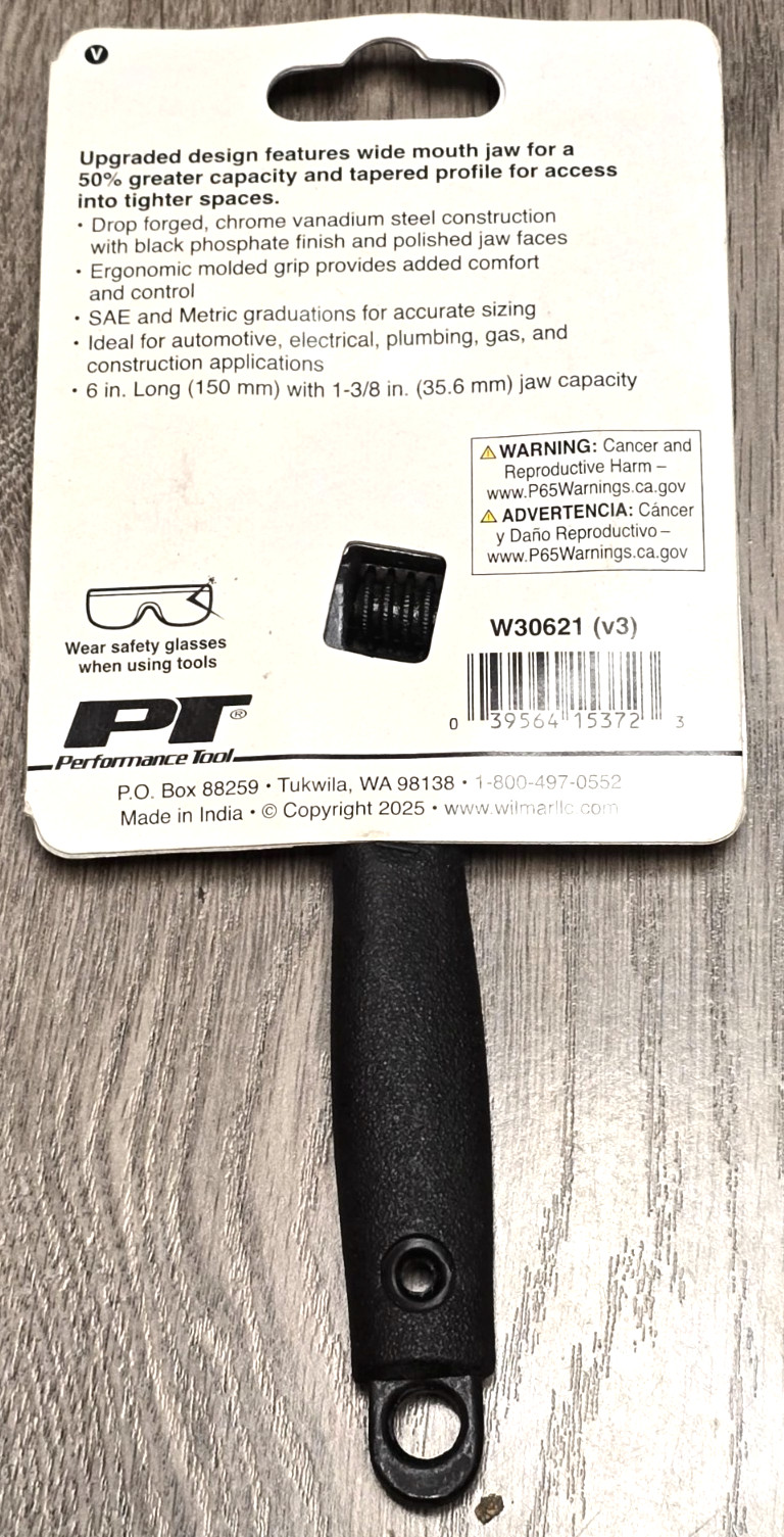 Performance Tool W30621, 6″ Wide Mouth Adjustable Wrench w/ Soft Grip Handle