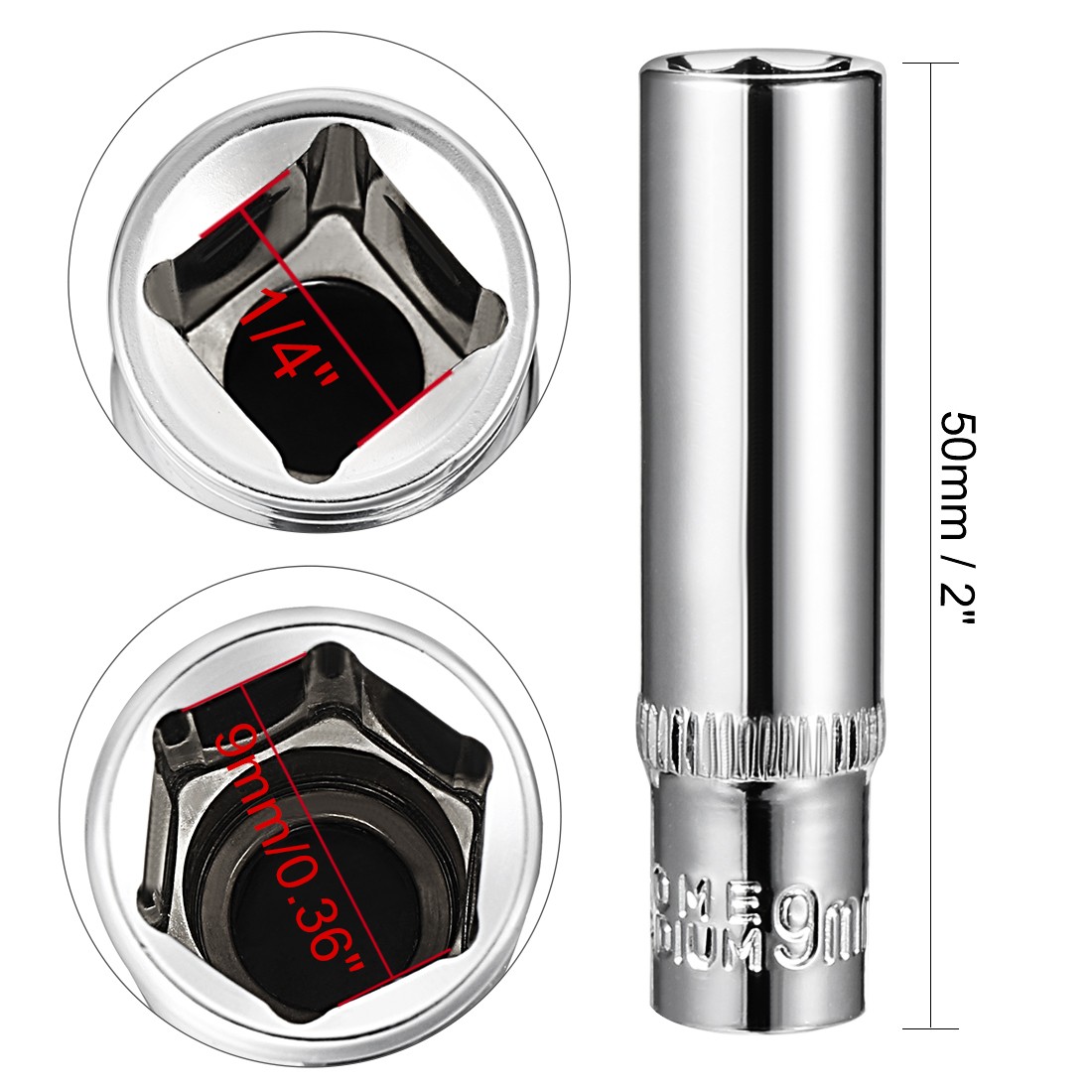 2Pcs 1/4-inch Drive 9mm Cr-V 6-Point Deep Socket