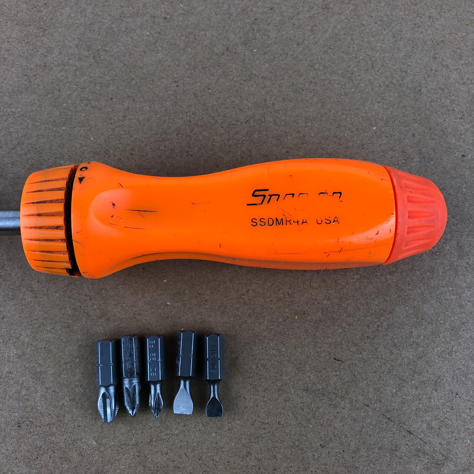 Snap-On Ratcheting Screwdriver with Bits SSDMR4A Vintage Orange Made in USA