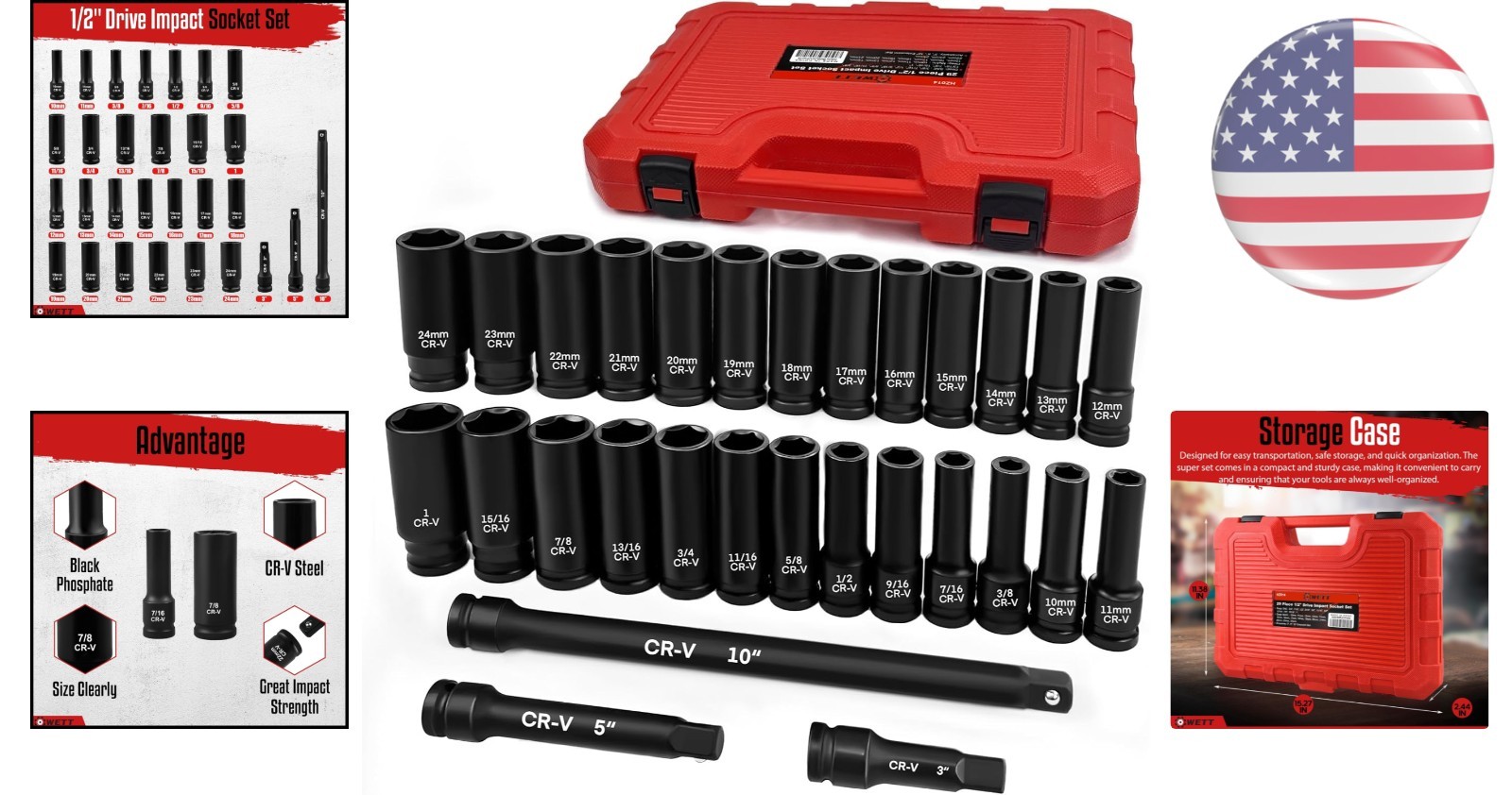 Compact 29-Piece Impact Socket Set with Extension Bars – SAE & Metric Sizes