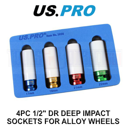 US PRO 4PC 1/2″ DR Alloy Wheel Impact Sockets 17mm, 19mm, 21mm & 22mm 3856