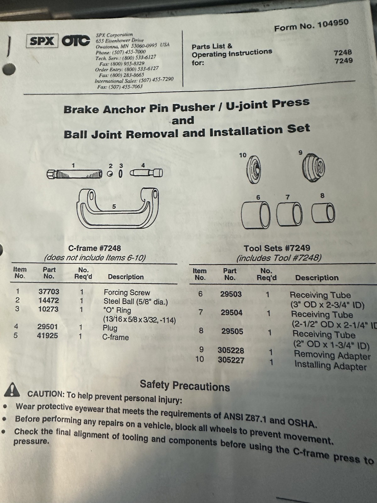 OTC 7249 3-IN-1 SERVICE SET BALL JOINT IN CASE USA