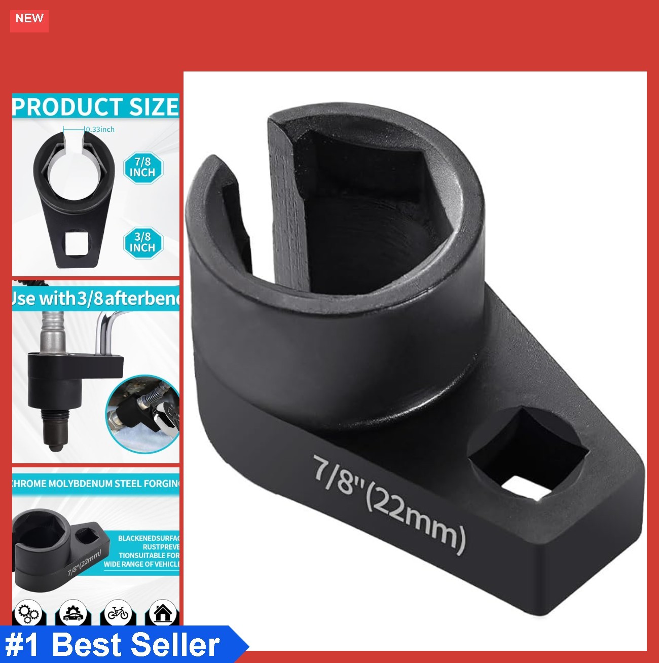 Offset O2 Sensor Socket 7/8 Inch 22mm 3/8 Drive Automotive Oxygen Sensor
