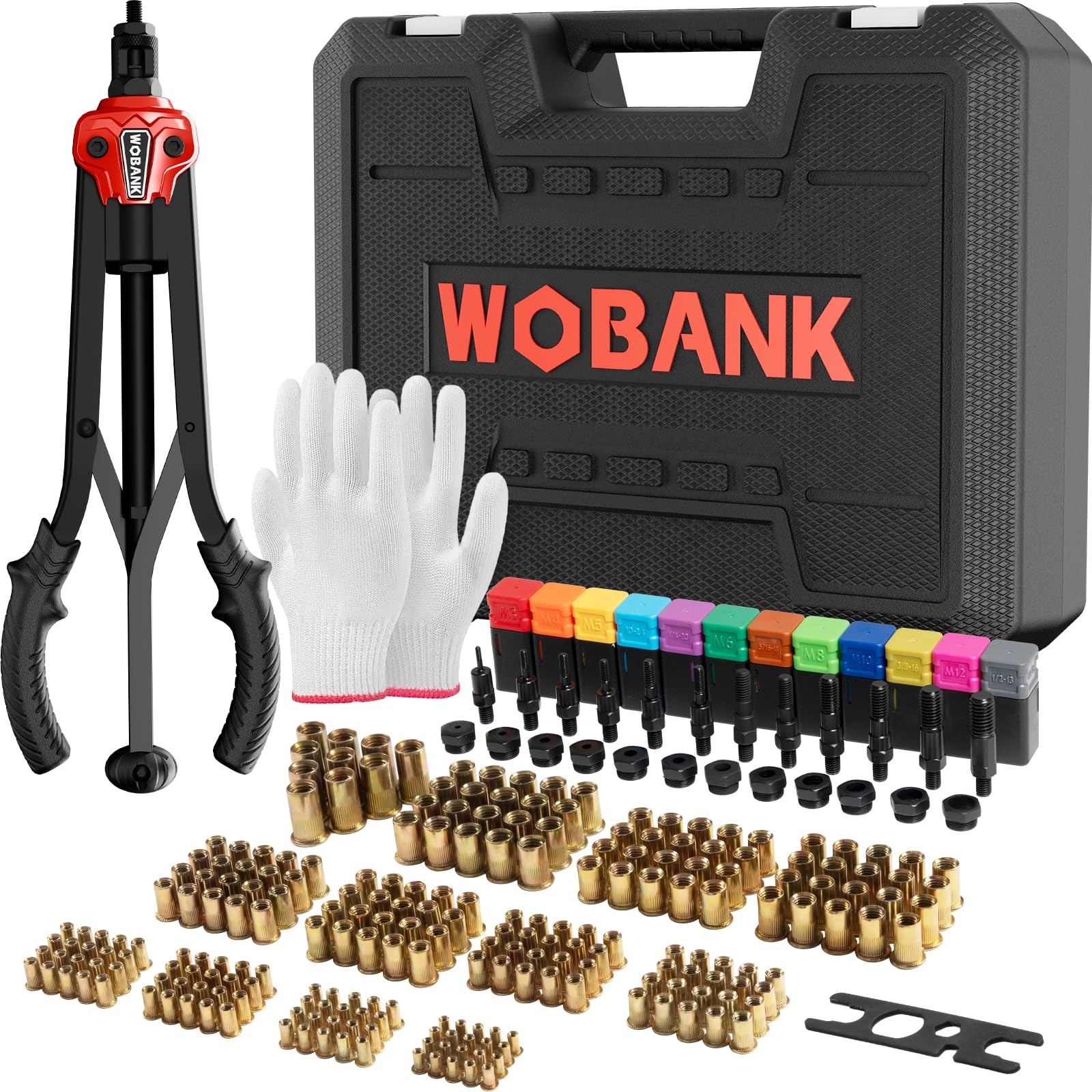 Rivet Nut Tool Kit 16 Heavy Duty 12 Mandrels 230 Nuts WRNTK-01 WOBANK Rivnut