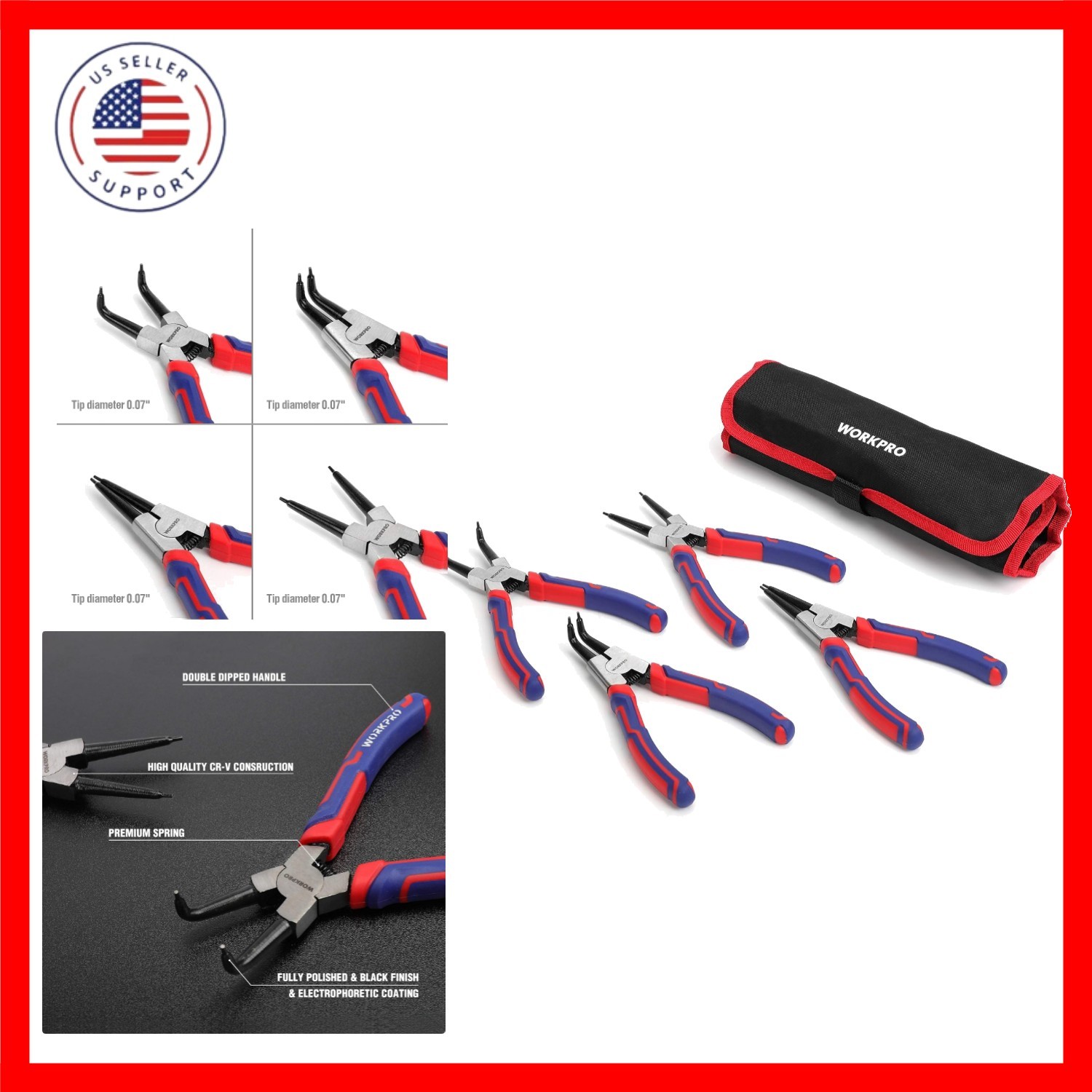 Heavy Duty 4-Piece Snap Ring Pliers Set with Storage Pouch