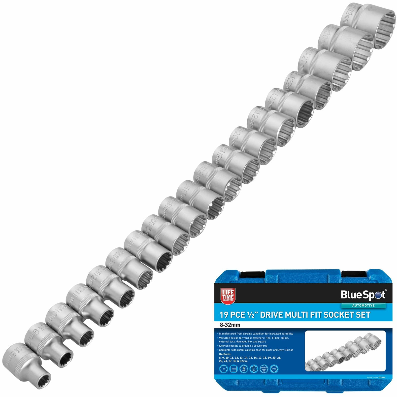 19pc Gear Lock Multi Socket Set 8-32mm 1/2″ Dr Double Hex T Star AF MM 01554