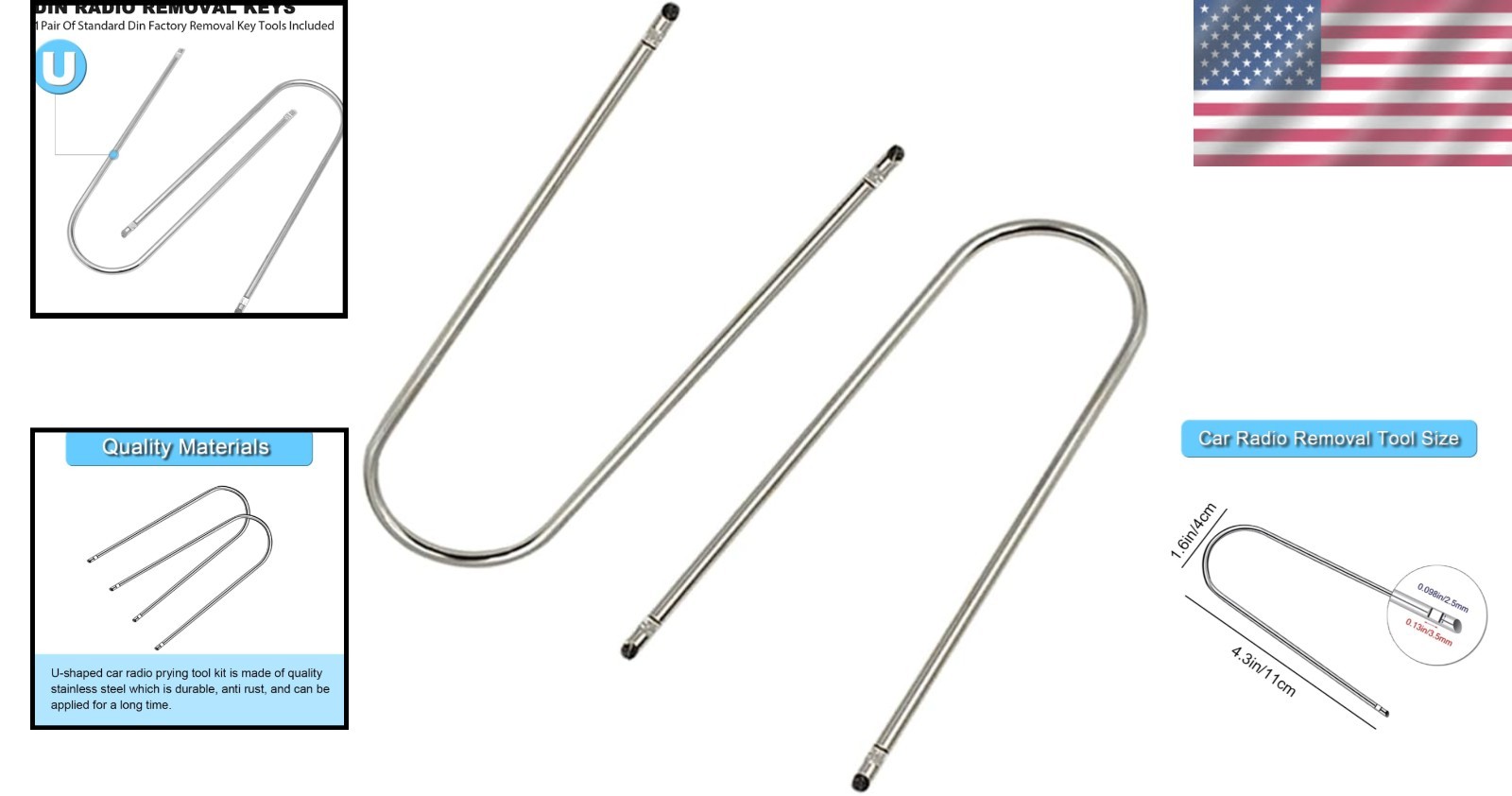 Durable U-Shaped Car Radio Pry Tools – 2PCS Stainless Steel Kit for Vehicles