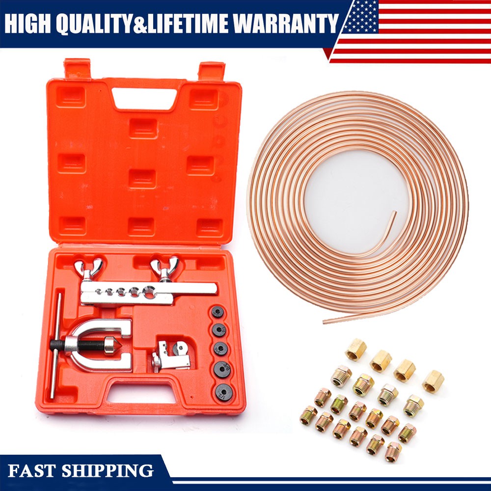 Brake Line Pipe Repair Kit 25ft 1/4 Copper Pipe Flaring Tool w/ 20 Nuts Fittings