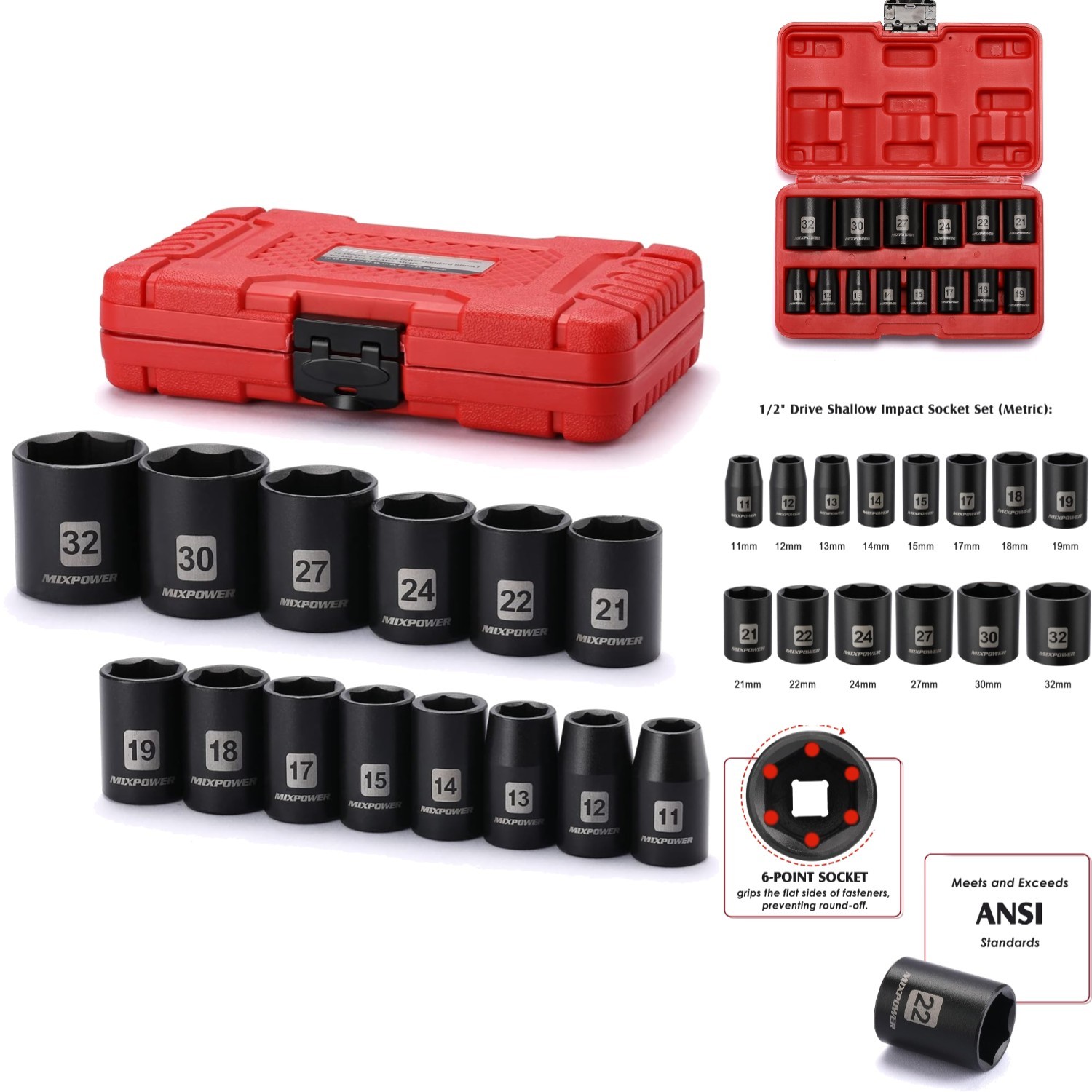 14-Piece 1/2″ Drive Shallow Impact Socket Set Metric 6-Pt CR-V 11mm-32mm Tools