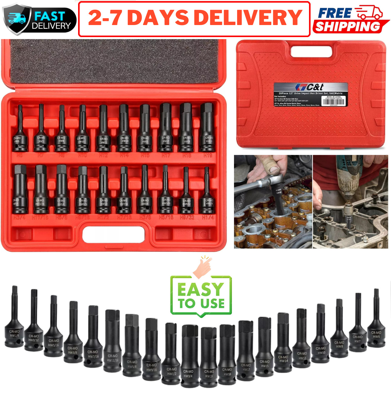 Metric & SAE 1/2″ Drive Master Impact Socket Set Hex Bits Long Air Allen Driver