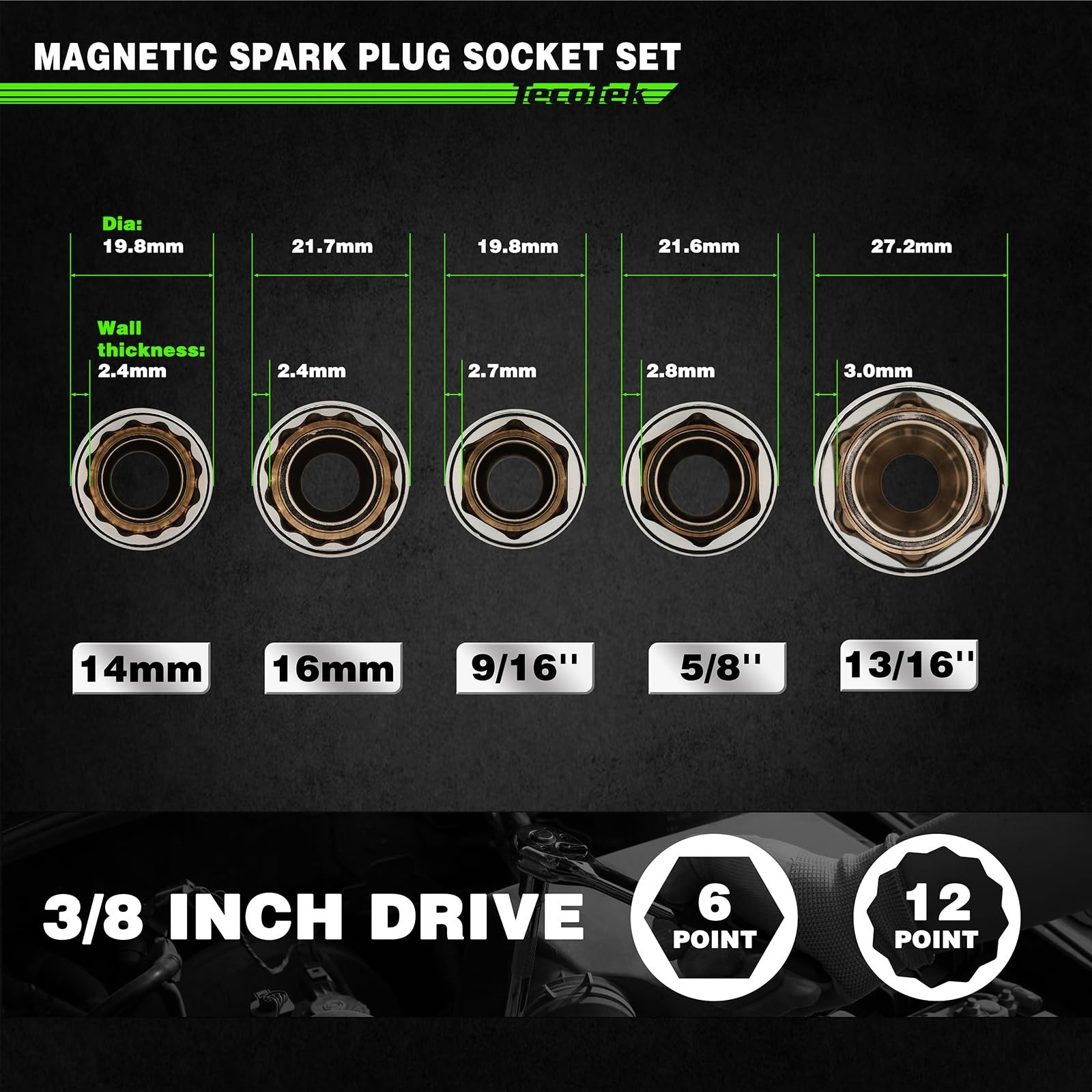 5-Piece Magnetic Spark Plug Socket Set, 14mm 16mm Thin Wall, 9/16″ 5/8″ 13/16″,