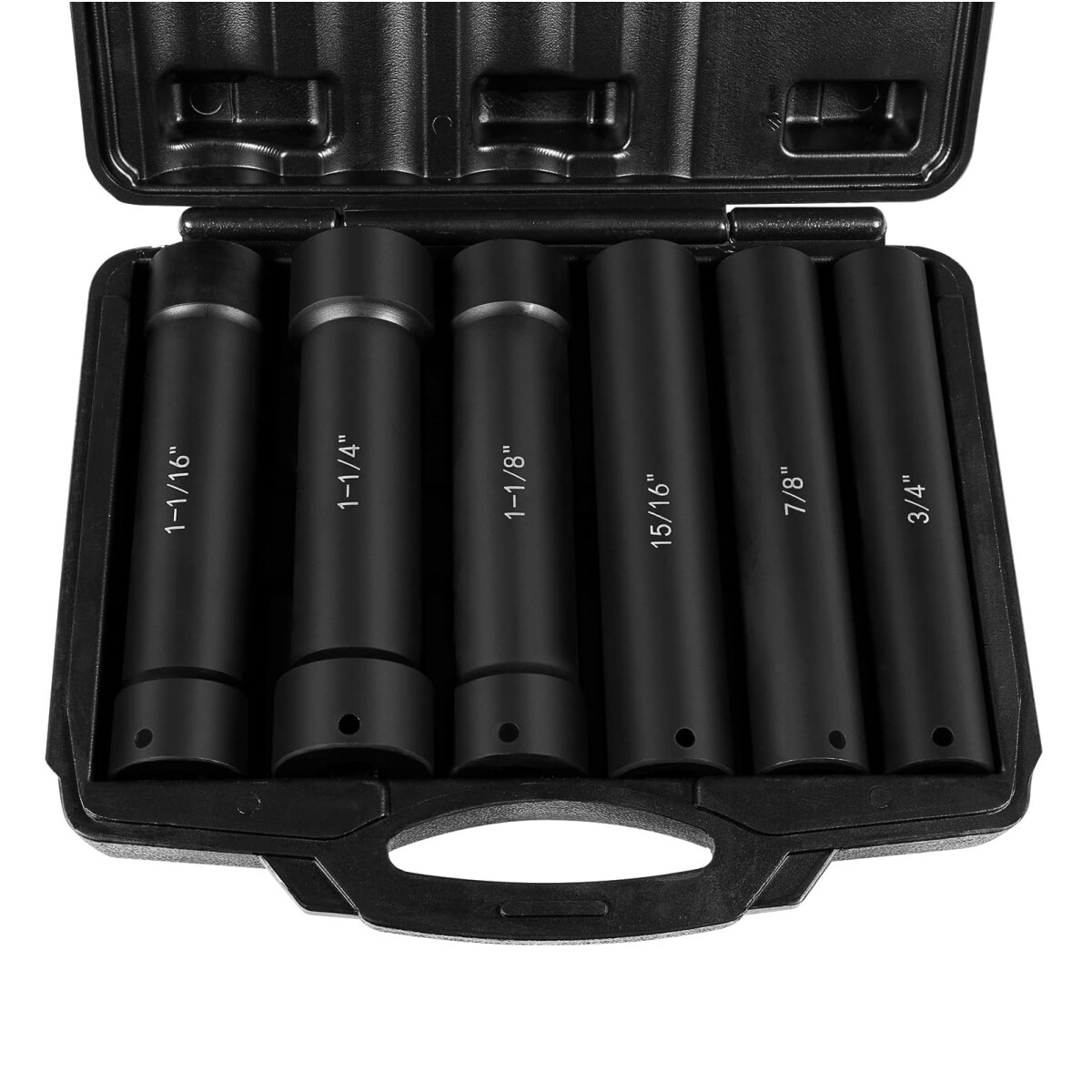 1/2 Inch Drive Extended Length Impact Socket Set 6 Sizes Heavy Duty with Case