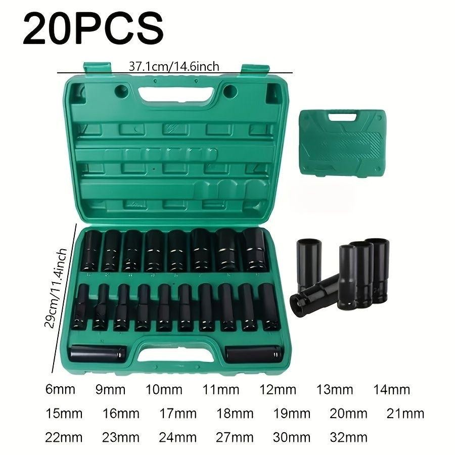 20-piece sleeve kit, 1/2-inch deep impact sleeve set with toolbox, suitable for