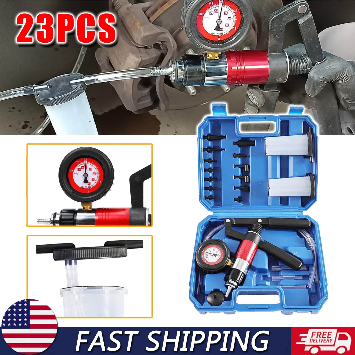 23PCS Hand Held Vacuum and Pressure Pump Tester Tool with Box Brake Bleeder Kit