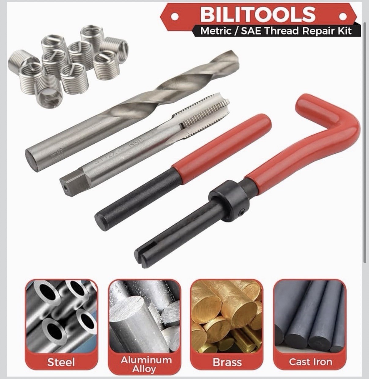 BILITOOLS Helicoil Thread Repair Kit SAE, 131-Piece HSS Drill Heli Coil Repai…