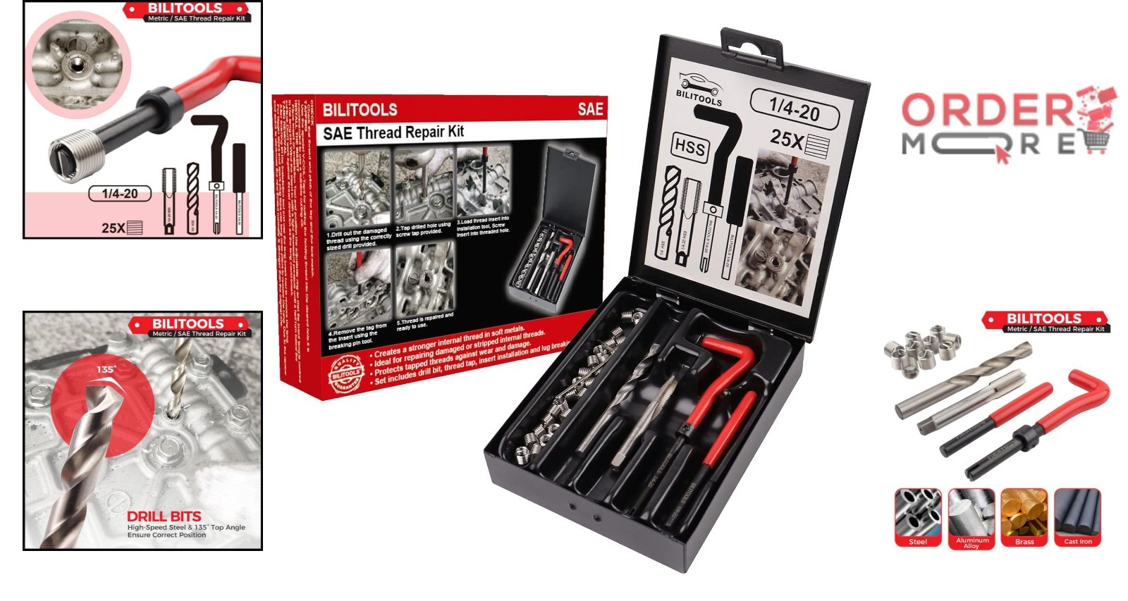Thread Repair Kit 1/4-20 Inch SAE HSS Drill Helicoil for Damaged Threads