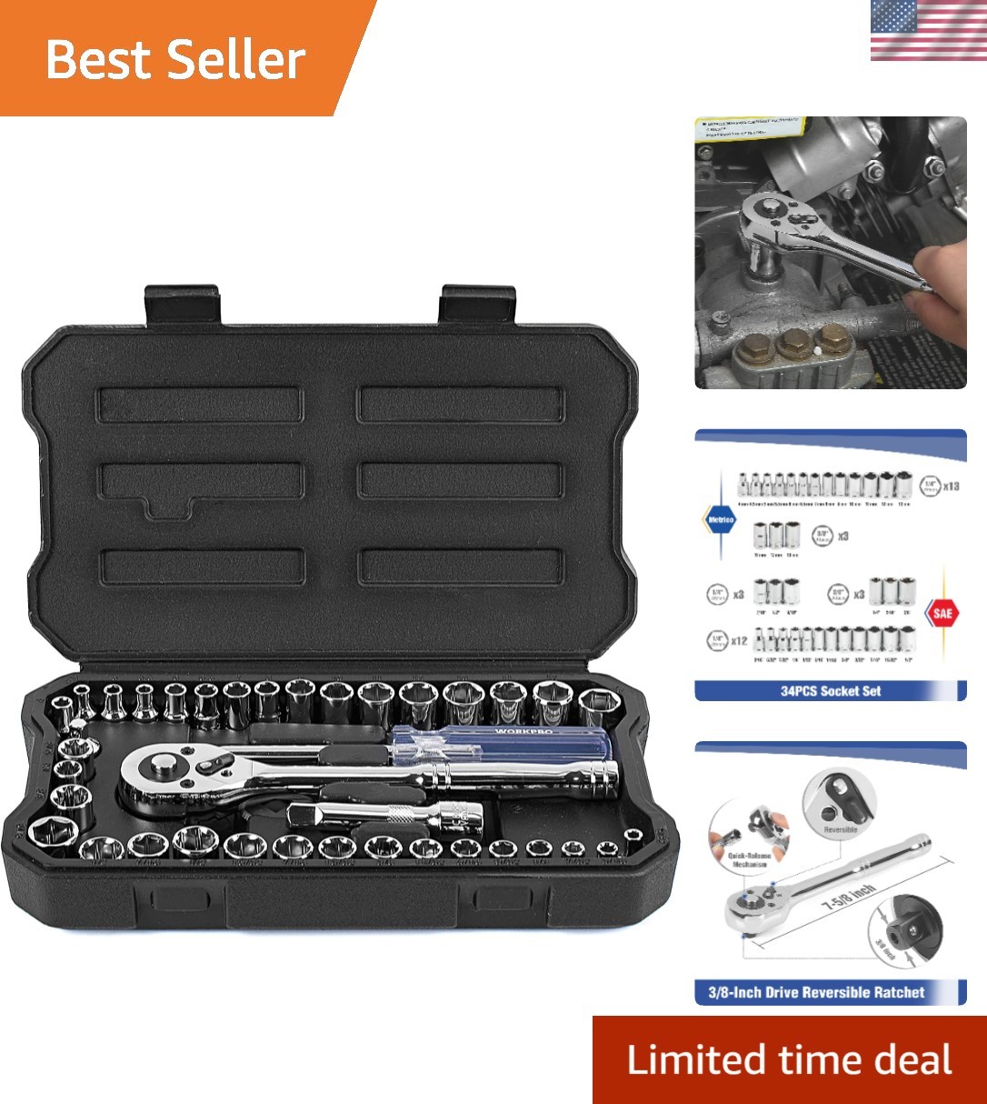 39-Piece Drive Socket Set 1/4» & 3/8», CR-V Metric and SAE Sockets with Qui…