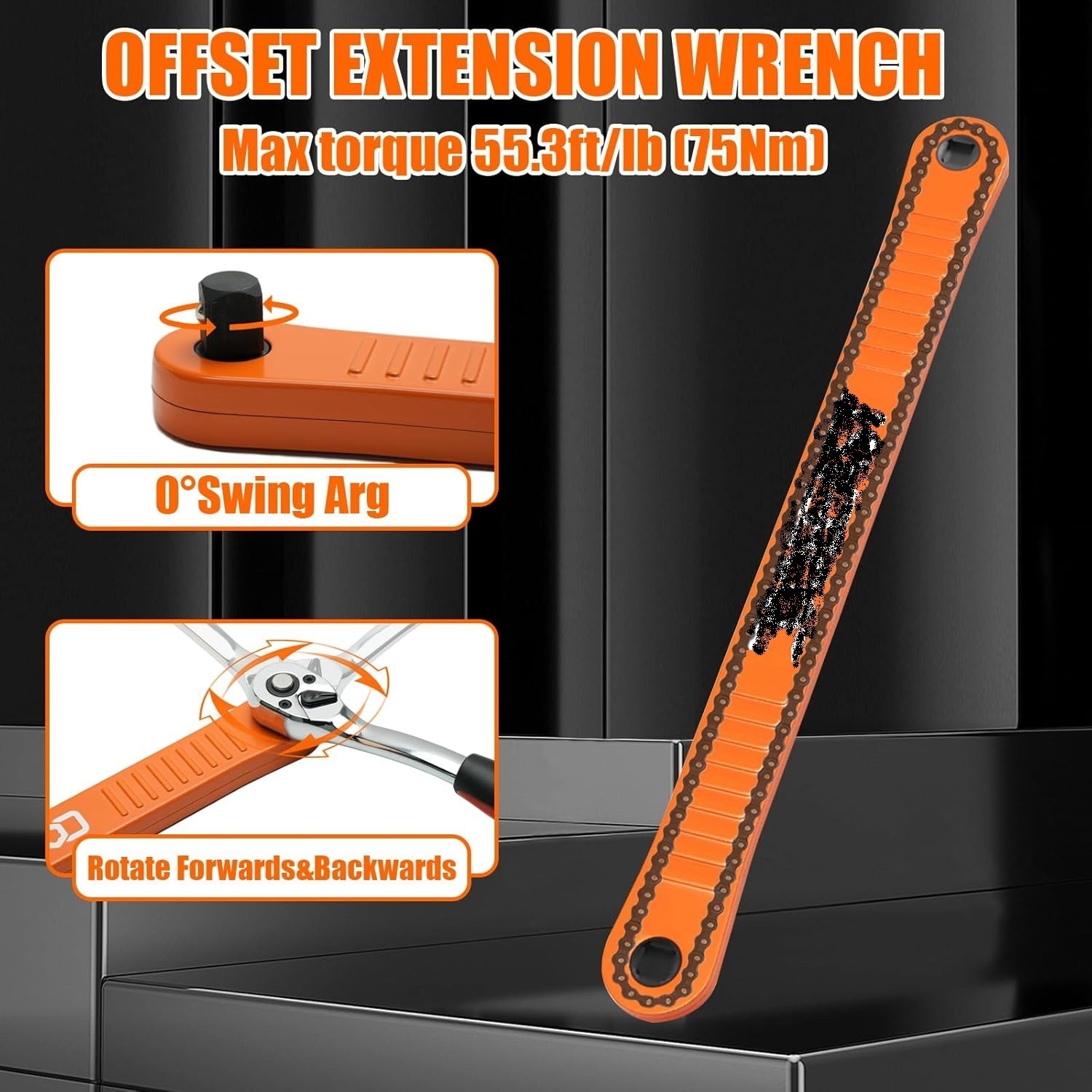 3/8″ Offset Extension Wrench Impact Ready with 1/4 3/8 1/2 Adapters 13.4″