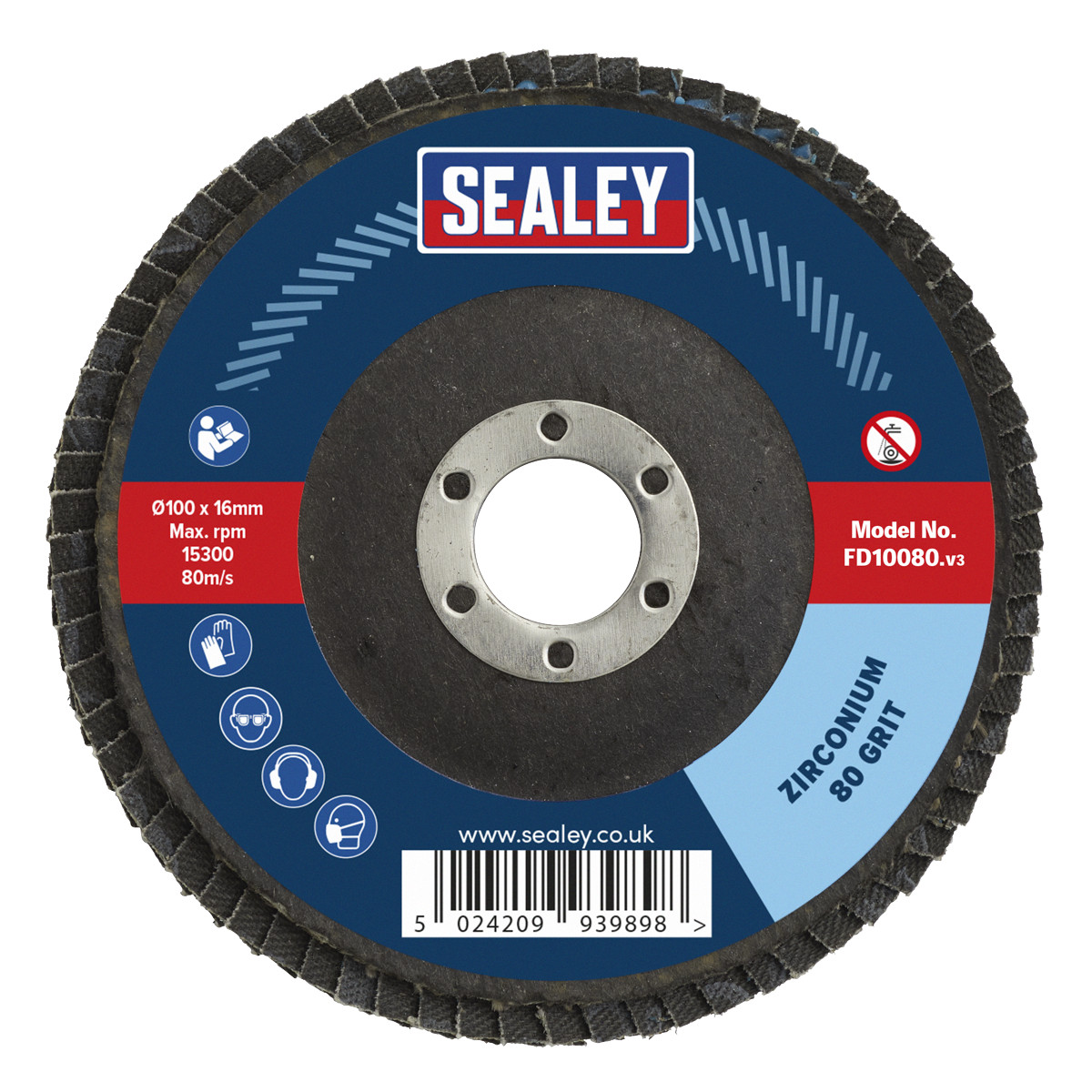 Sealey FD10080 Flap Disc Zirconium 100mm 16mm Bore 80Grit