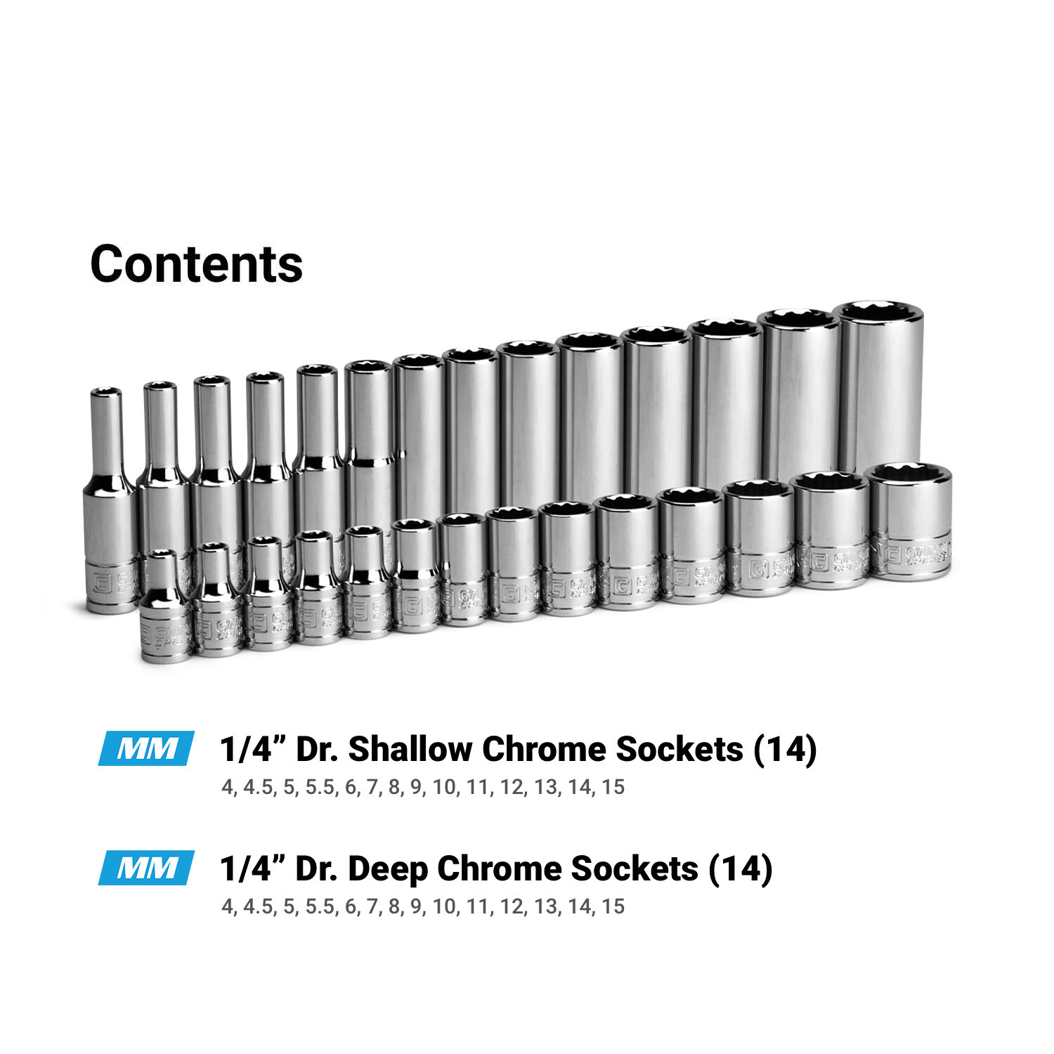 Capri Tools 1/4 in. Drive 12-Point Socket Set w. Rail, 4-15 mm, Metric, 28-Piece