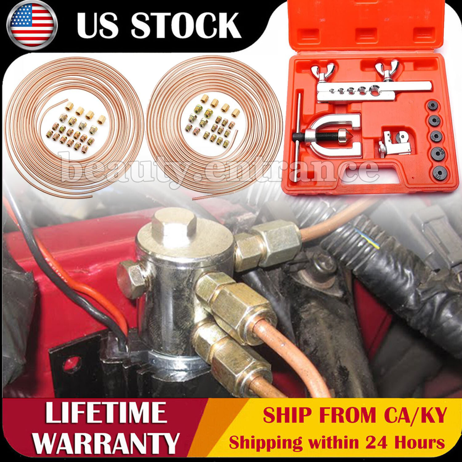 Brake Line Kit 3/16 1/4 25ft Copper Pipe Repair Flaring Tool + 40 Nuts Fittings