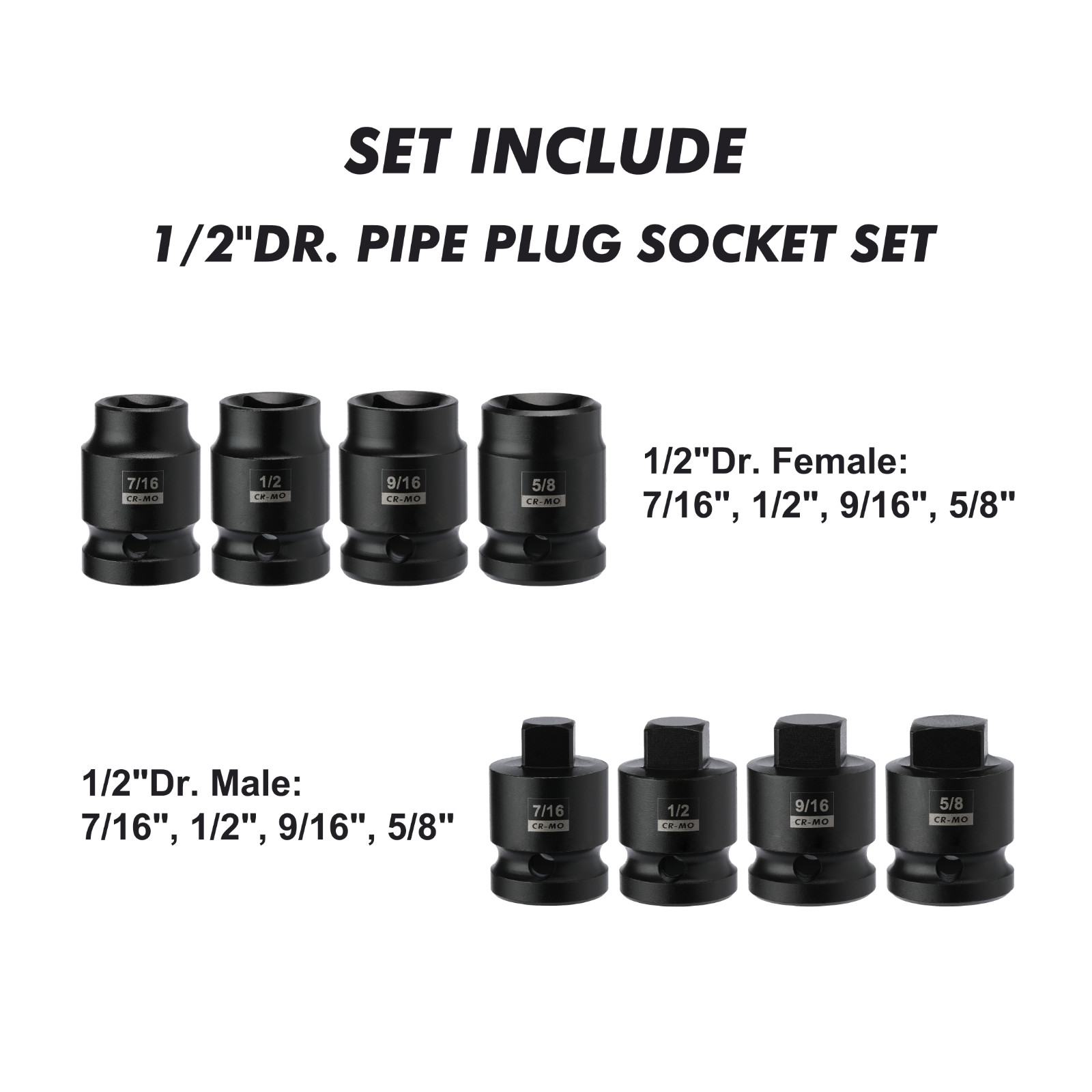 8PCS 1/2-Inch Drive Pipe Plug Socket Set Cr-Mo 7/16″, 1/2″, 5/8″, 9/16″