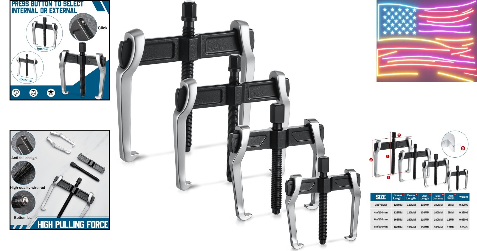 4 Pcs 2 Jaw Gear Puller Set 3in, 4in, 6in, 8in CR-V