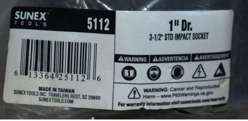 SUNEX TOOLS 5112 1” Dr. 3 ½ STD IMPACT SOCKET