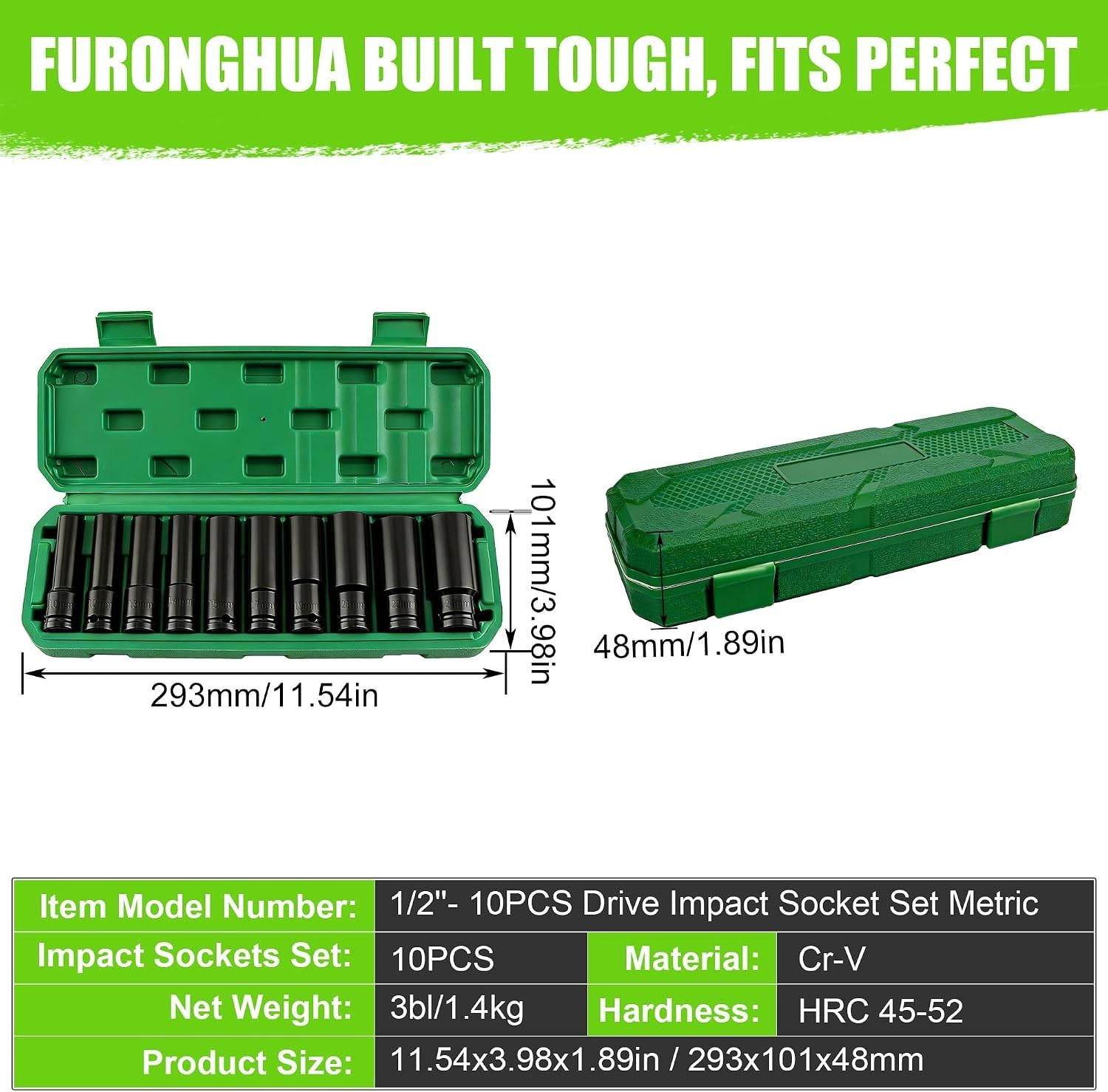 Deep Well Impact Socket Set 1/2″ Drive Metric 10mm-24mm 6 Point Sockets 10-PC