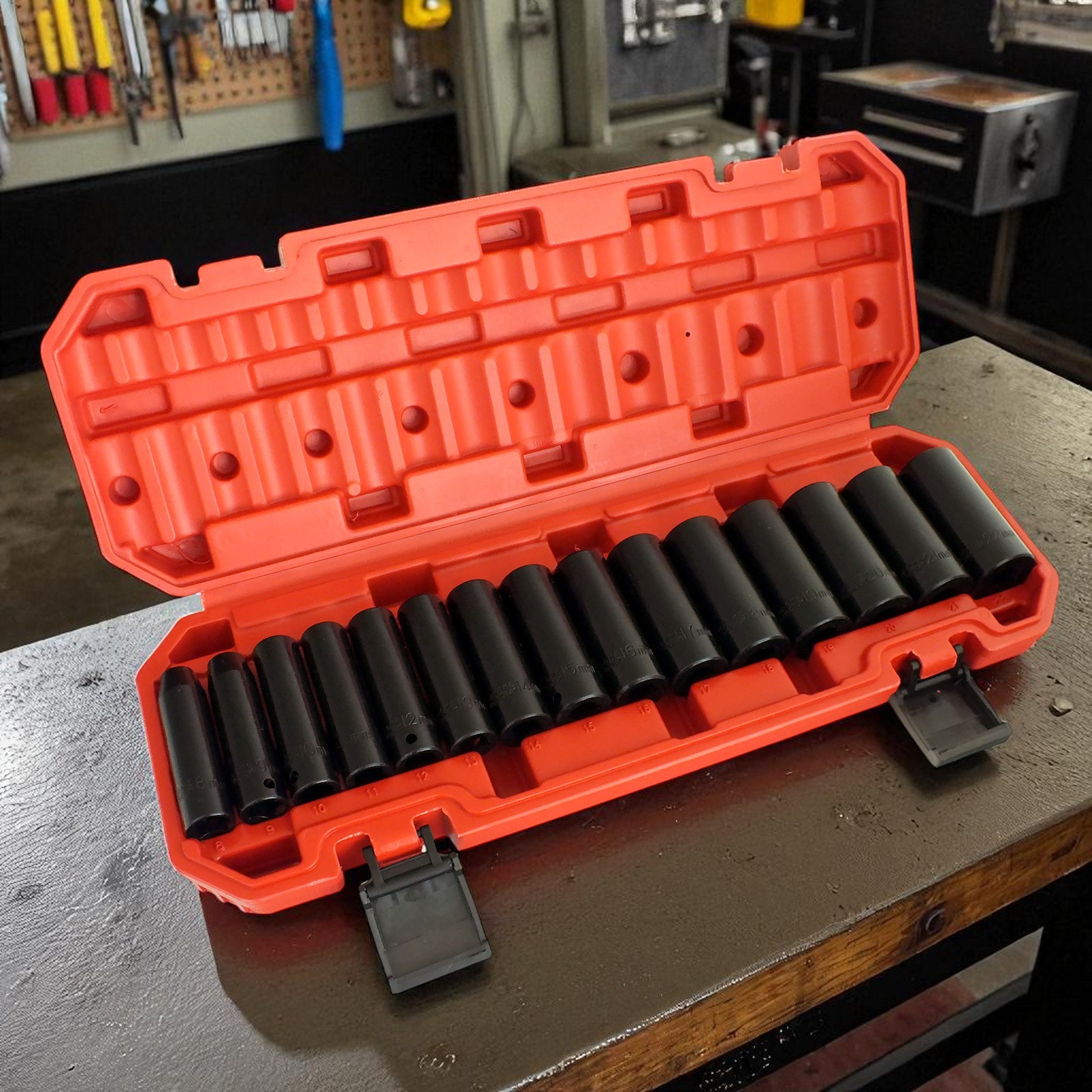 3/8″ Deep Impact Socket Set 15pc 8-22mm Heavy Duty CRV c/w Storage Case Voche®