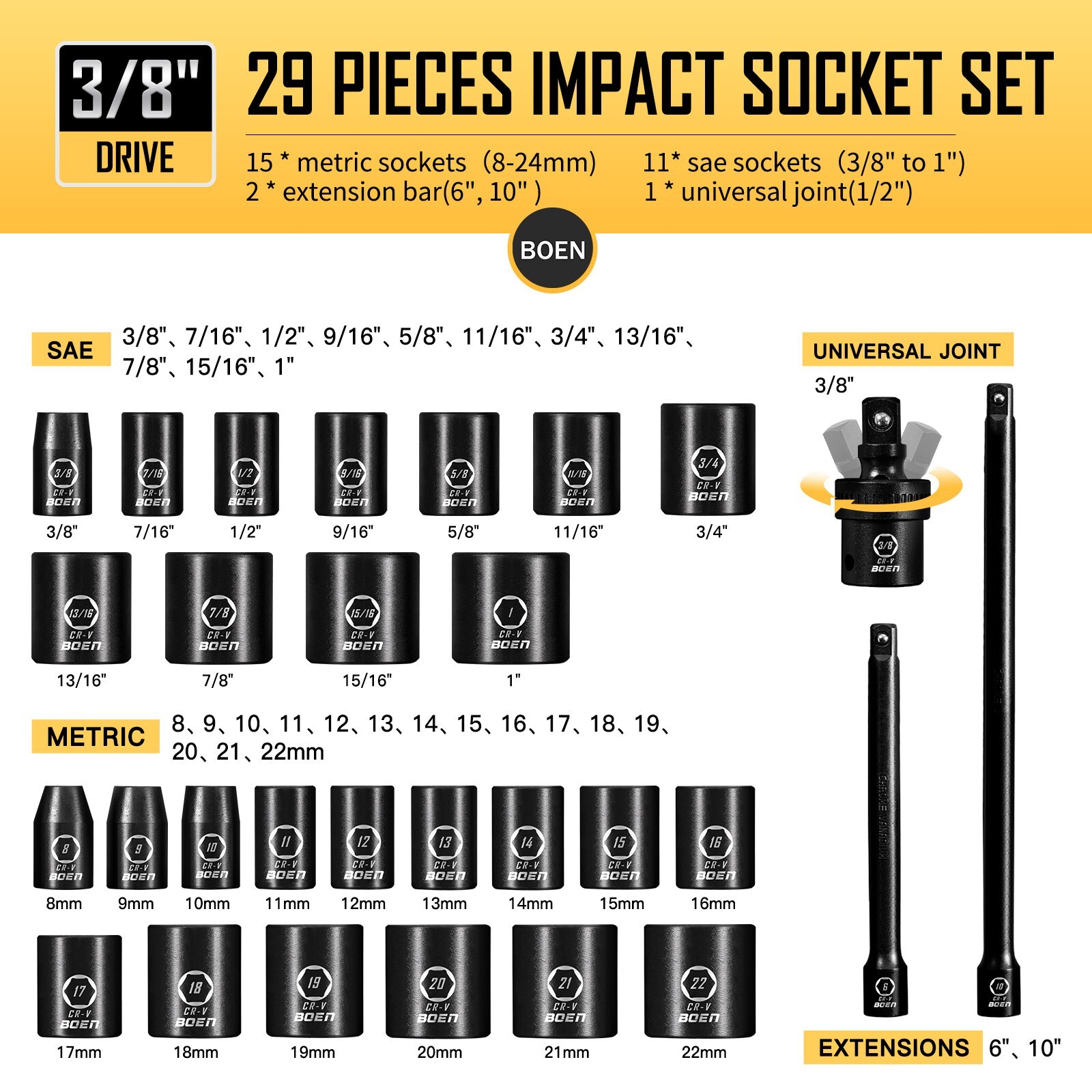 29 Pcs 3/8 Inch Drive Impact Socket Set, SAE 3/8″ to 1″,6″, 10″ Extension Bars