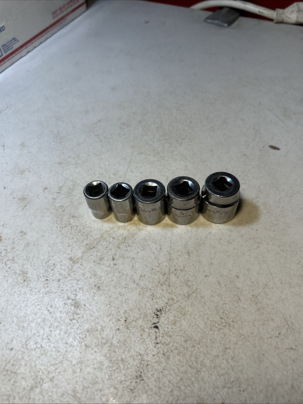 MATCO – Lot Of 5 Shallow SAE Sockets,3/8” Drive,12pt (3/8”,7/16”,5/8”,11/16,3/4”