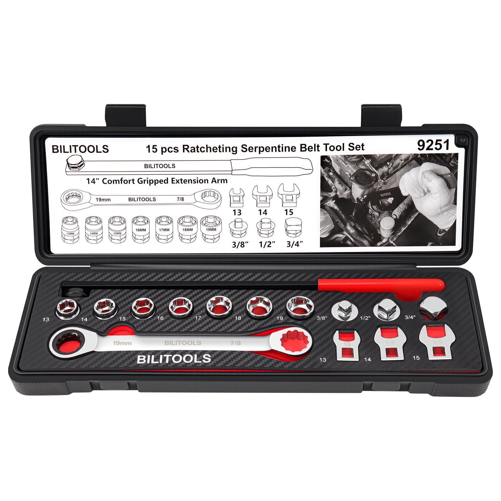 15Pcs Serpentine Belt Tool Set Tensioner Kit Ratchet Wrench Adapters