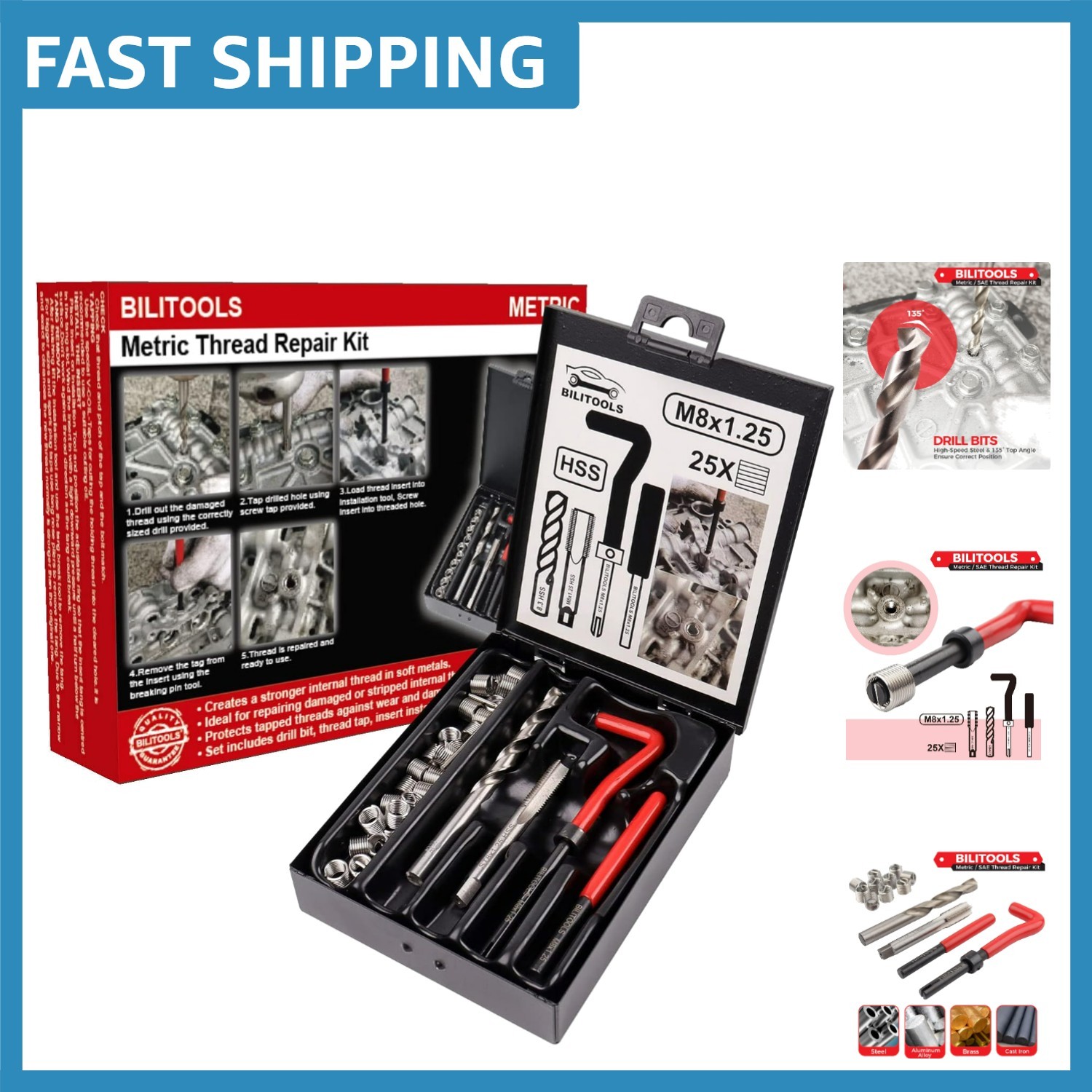 Complete M8x1.25 Thread Repair Kit – HSS Drill, Inserts & Iron Case Included