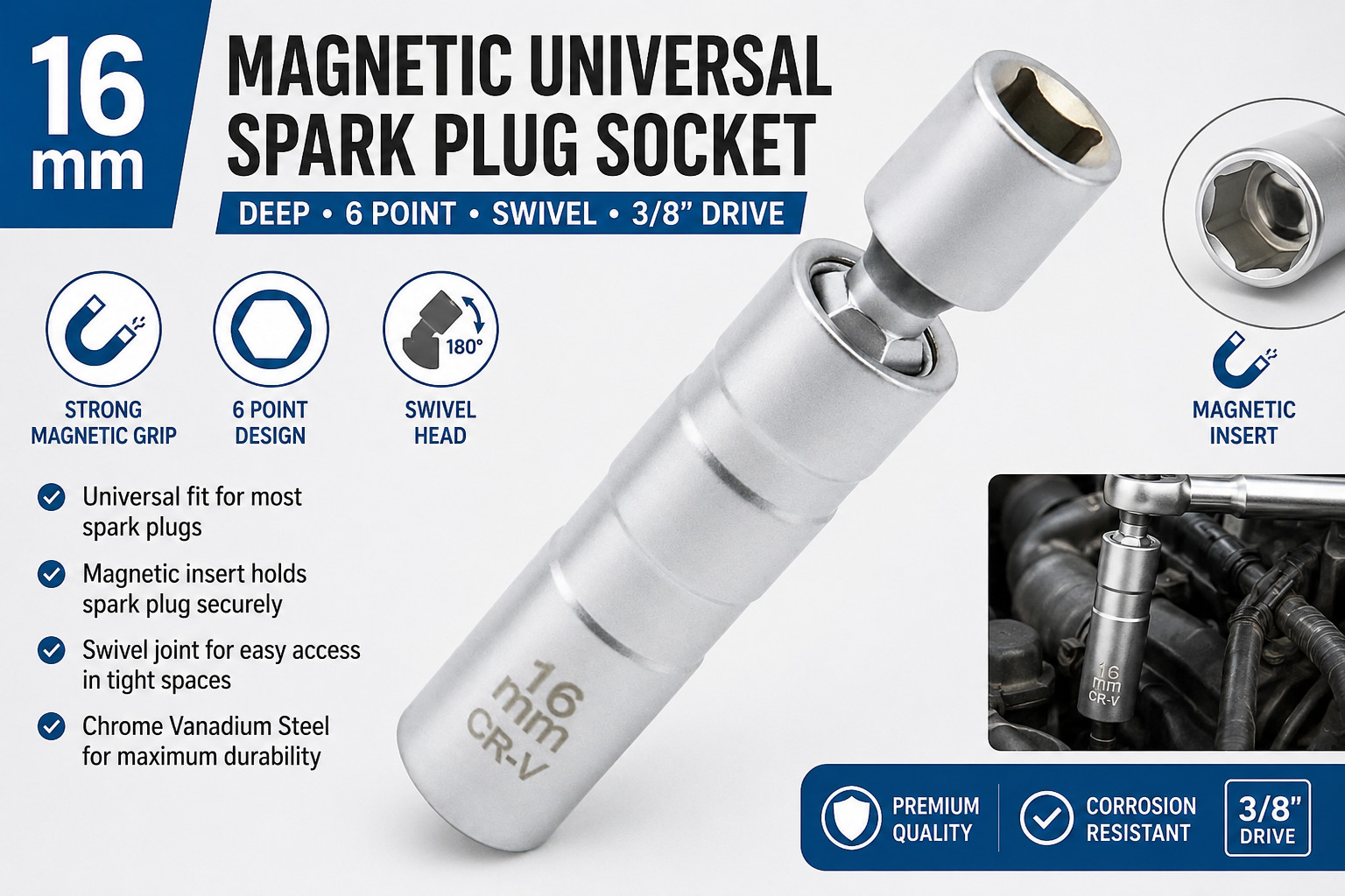 5/8 Magnetic Swivel Spark Plug Socket 16mm-Short for Effortless Removal