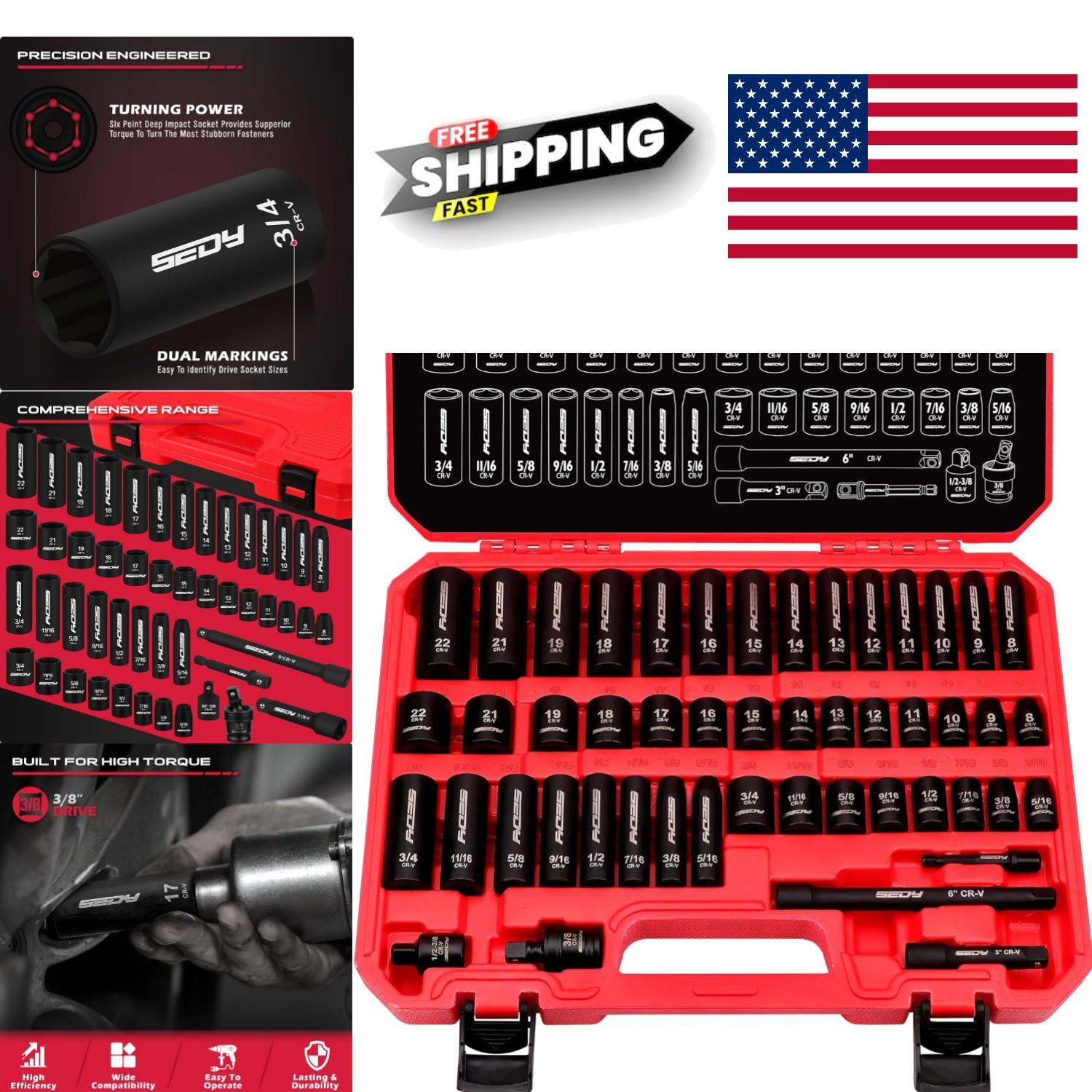 Complete 49 Piece 3/8 Inch Socket Set with Standard and Deep Sizes for Mechanics