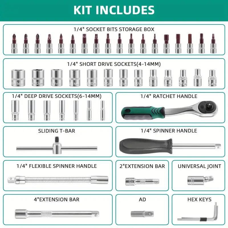 53PC Ratchet Wrench Socket Set Car Repair Machinery Hand Tool 1/4» Drive Metric