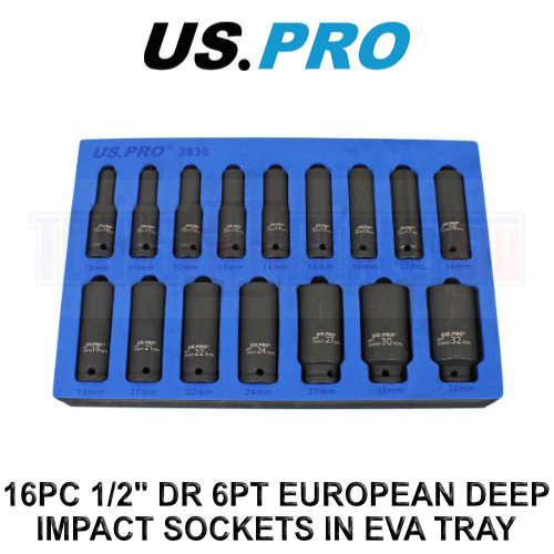 US PRO Tools 16PC 1/2″ Deep Impact Sockets In EVA Foam 6PT 10 – 32mm 3836