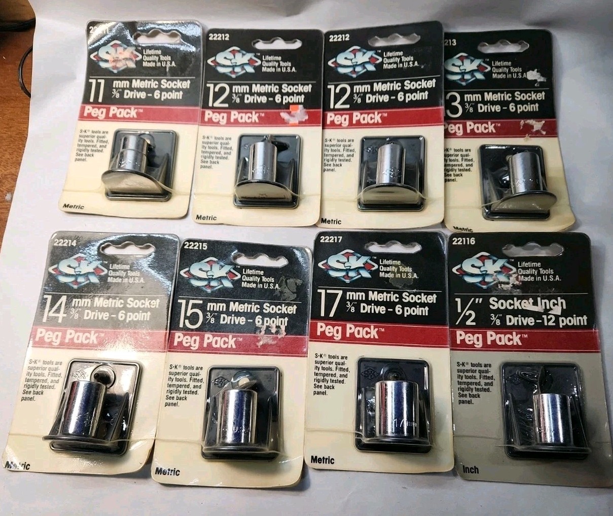 NOS Vintage S-K Tools Peg Pack Lot 7 Metric Socket 11 12 13 14 15 17 + 1 Inch