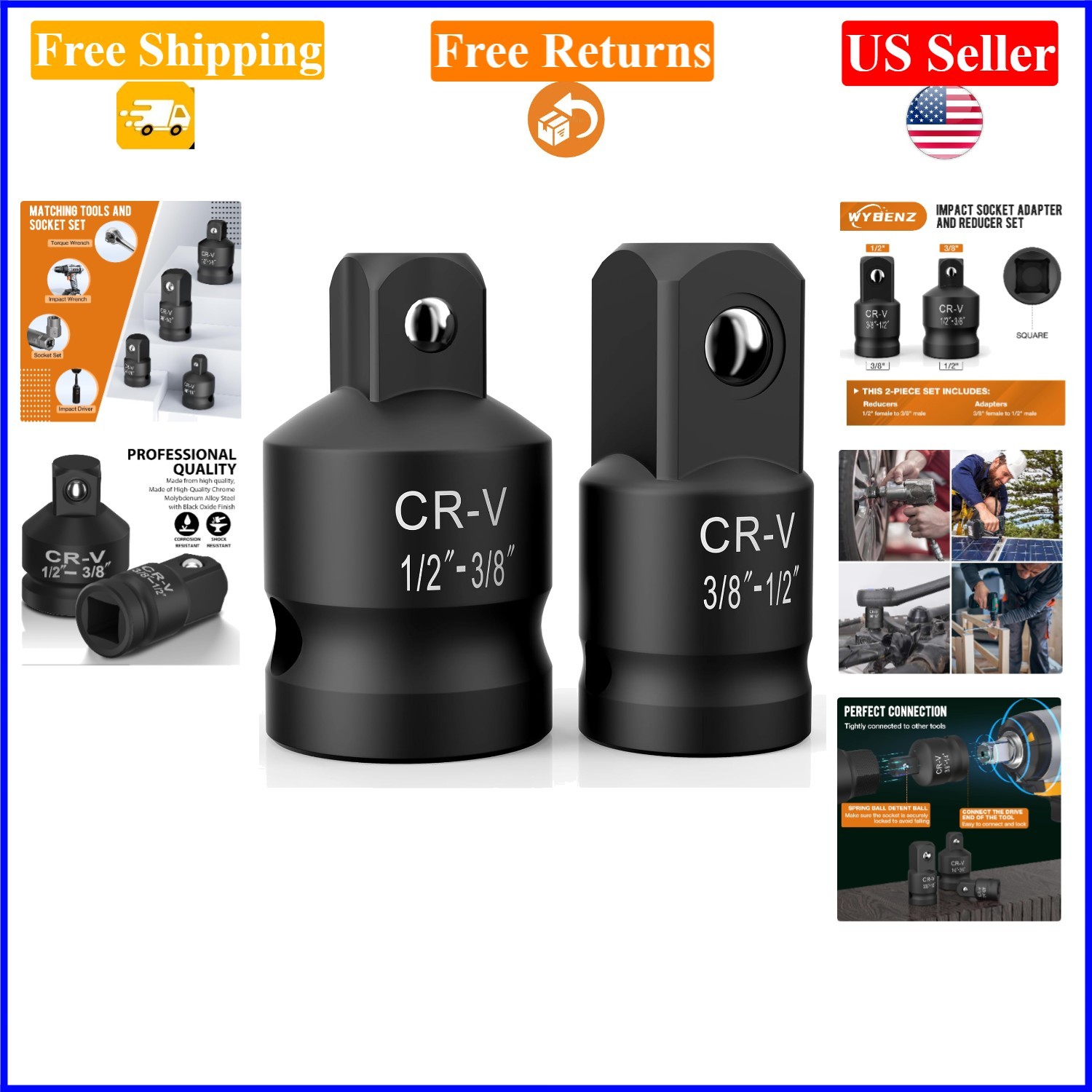 2PCS Chrome Molybdenum Steel Impact Socket Adapters, 3/8″-1/2″ & 1/2″-3/8″