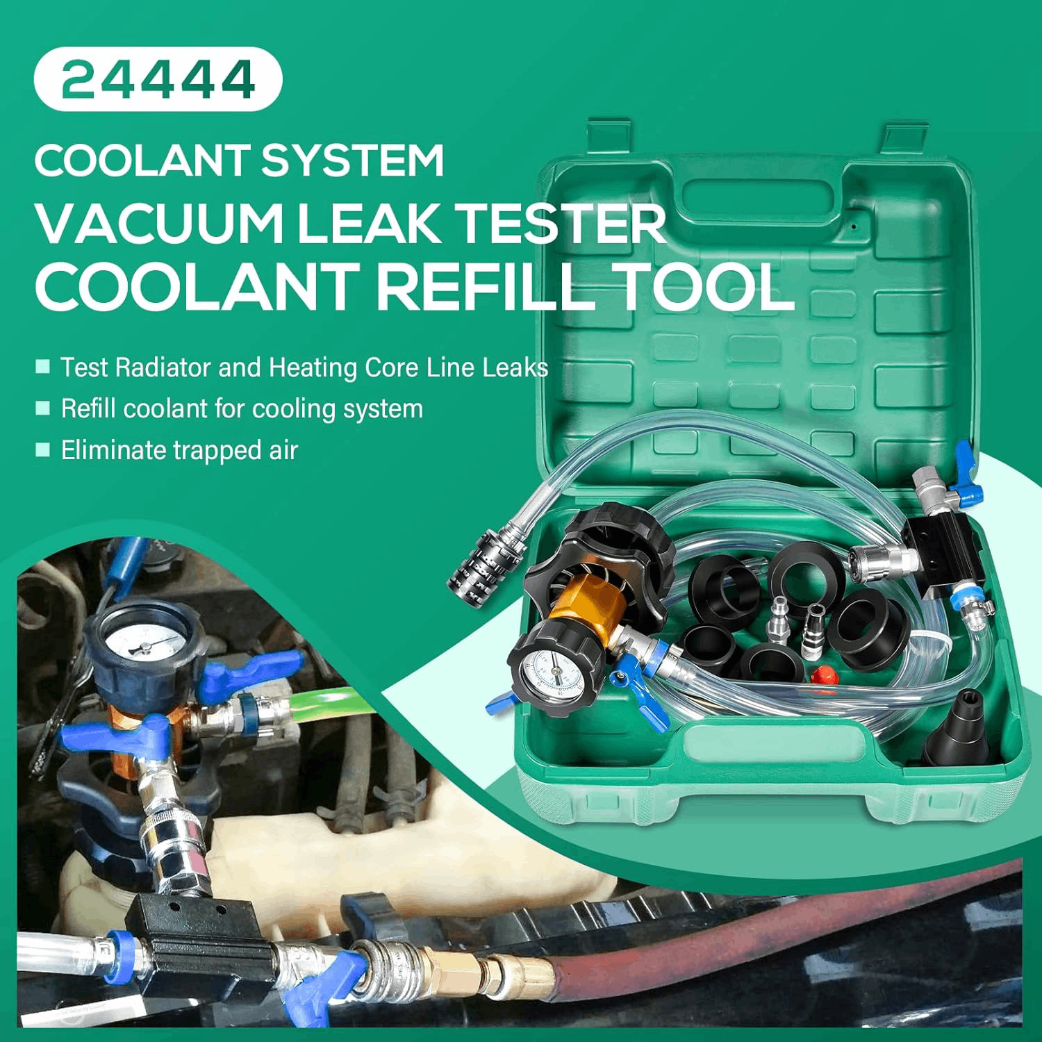 24444 Universal Coolant System Refiller Tool Kit Vacuum Leak Tester For Vehicles