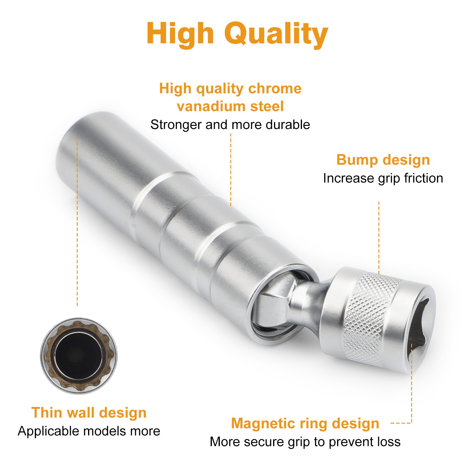14mm&16mm Thin Wall Magnetic Swivel 3/8″Spark Plug Socket 12-Point Removal Tool